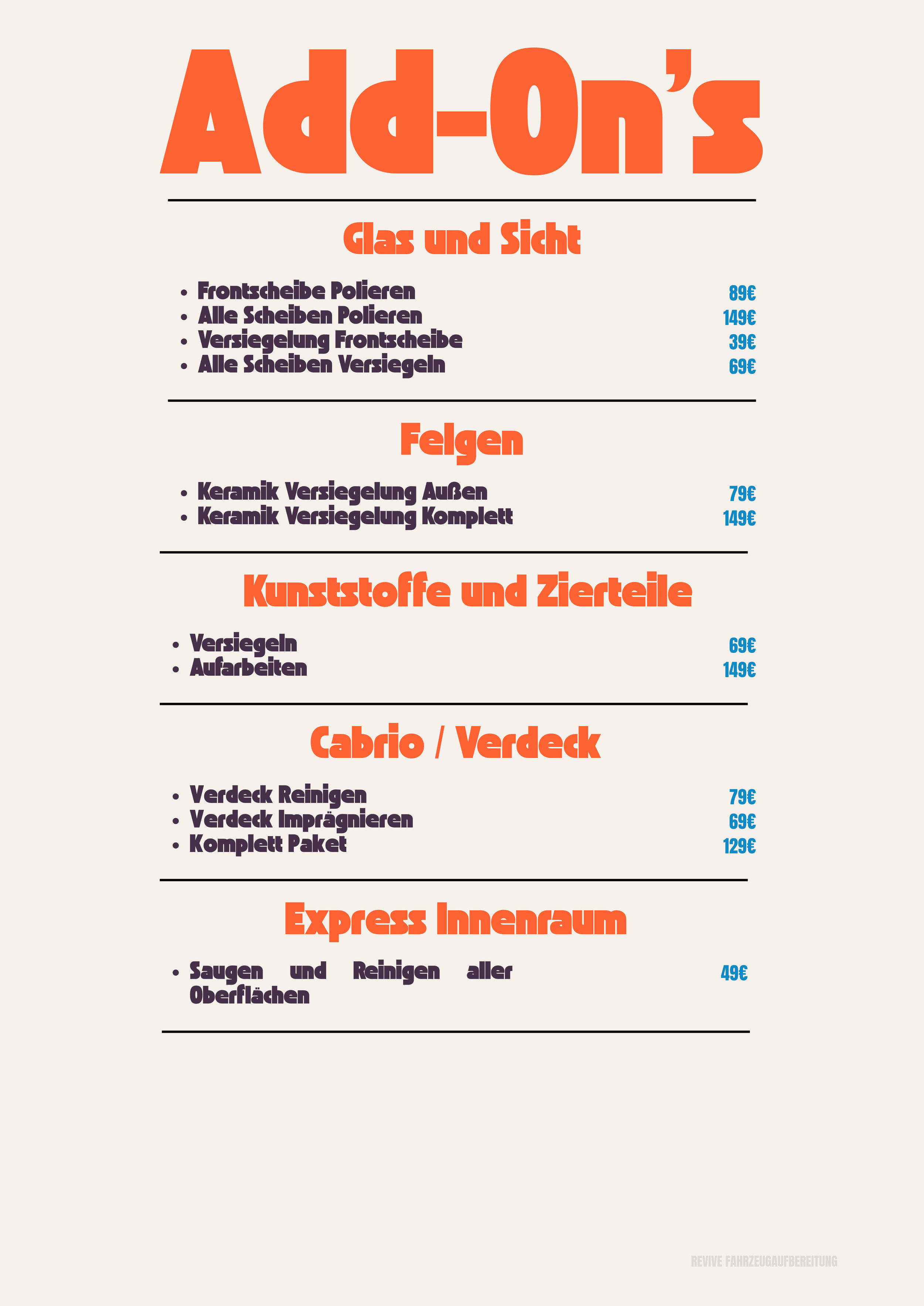 Preisliste für Fahrzeugpflege mit Kategorien wie Glas & Sicht, Felgen, Kunststoffe & Zierteile, Cabrio & Verdeck, Express Innenraum, mit Preisen in Euro.