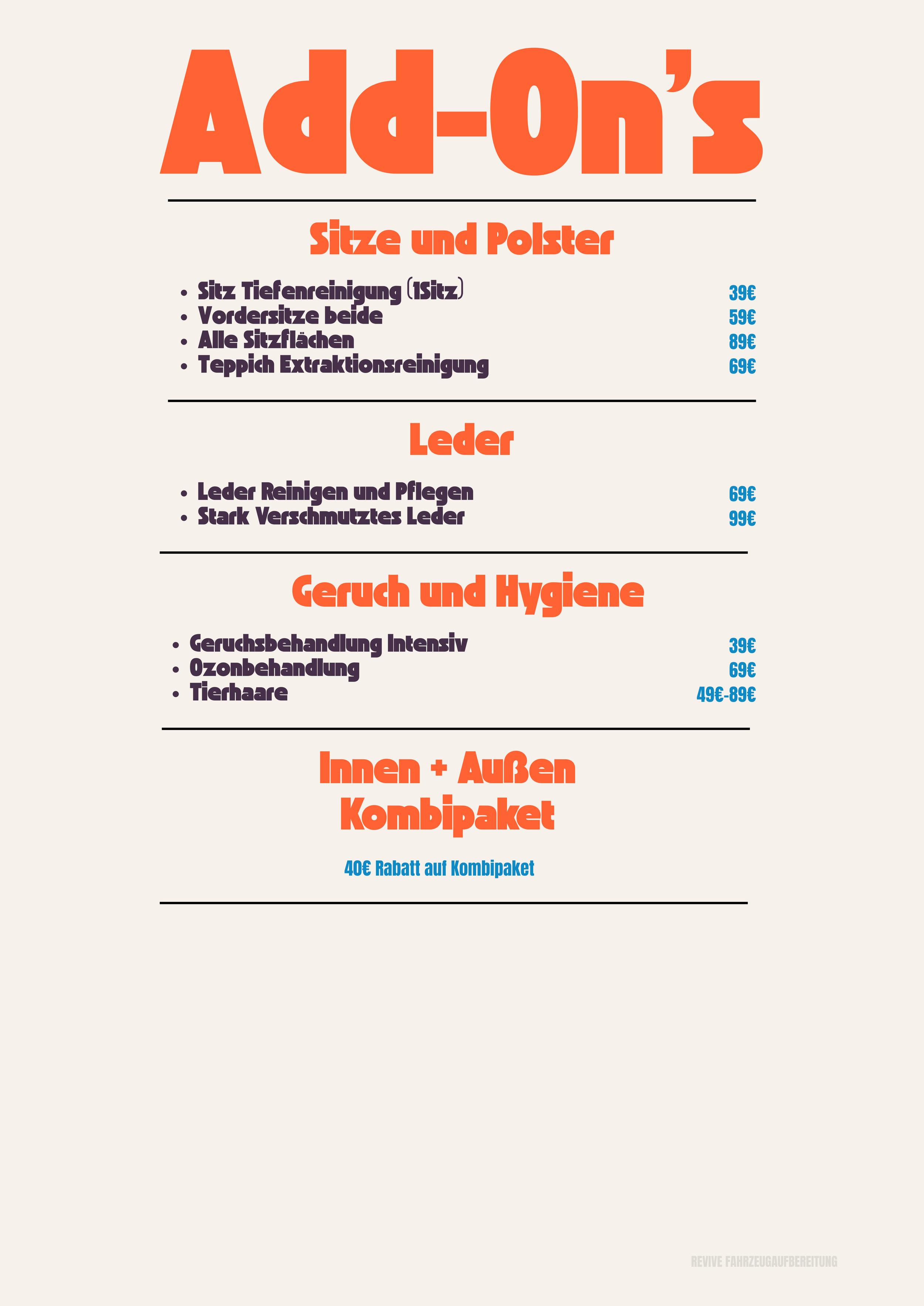 Preisliste für Reinigungs- und Pflegeprodukte für Möbel, inklusive Sitze, Leder, Geruch und Hygiene, sowie Innen- und Außen-Kombipaket, aufgelistet in deutscher Sprache mit Preisen in Euro.