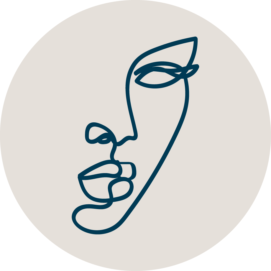 Line art of a face in profile view with closed eyes and lips, created with a continuous single dark line on a light background, enclosed in a circular frame.