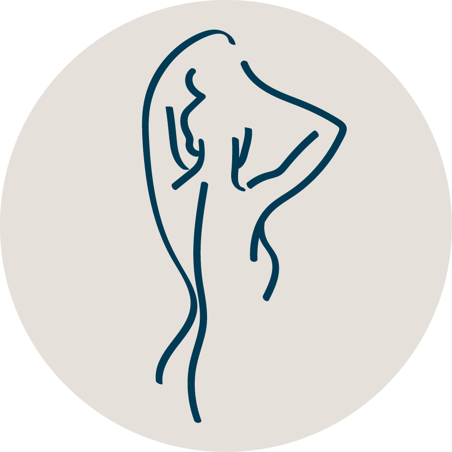 Minimalist line drawing of a woman with long hair, holding her head with one hand, on a light circular background.