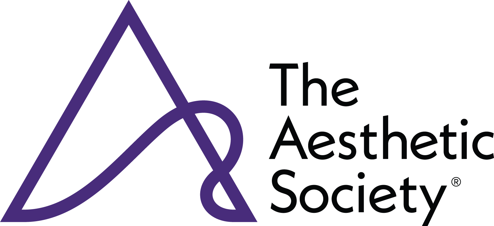 Logo of The Aesthetic Society featuring a purple abstract letter A with interconnected lines and the organization name in black