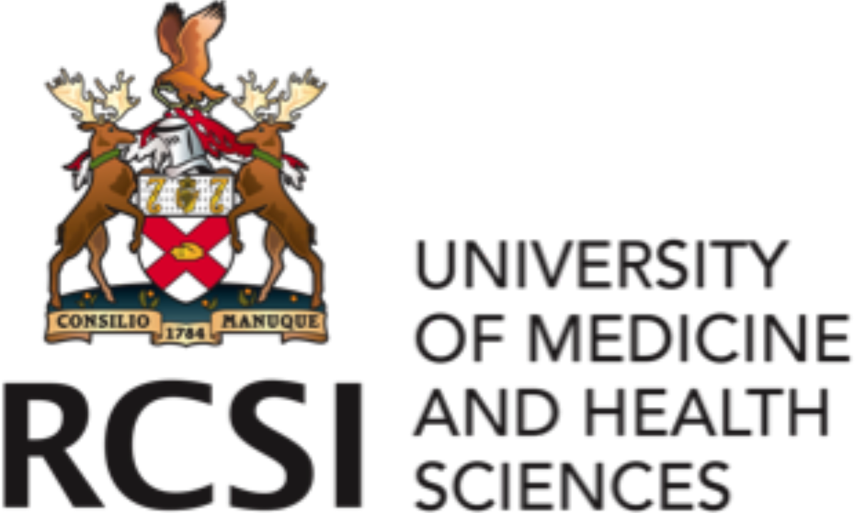 Logo of the University of Medicine and Health Sciences featuring a crest with two moose, a horse head, a shield, and a banner with Latin words. The text reads 'RCSI University of Medicine and Health Sciences.'