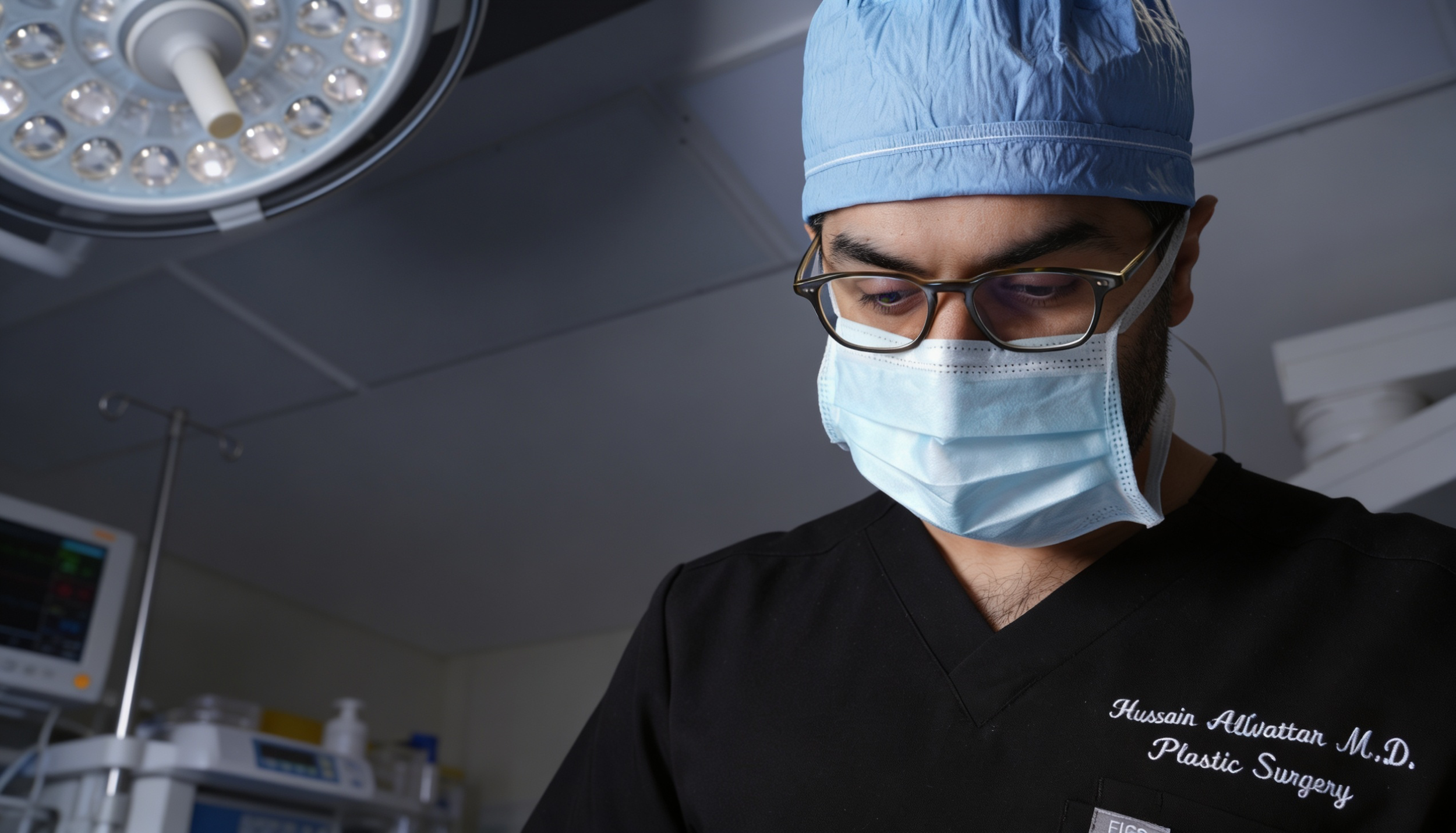 A male surgeon wearing glasses, a blue surgical cap, and a face mask, looking down in an operating room with medical equipment and monitors in the background.