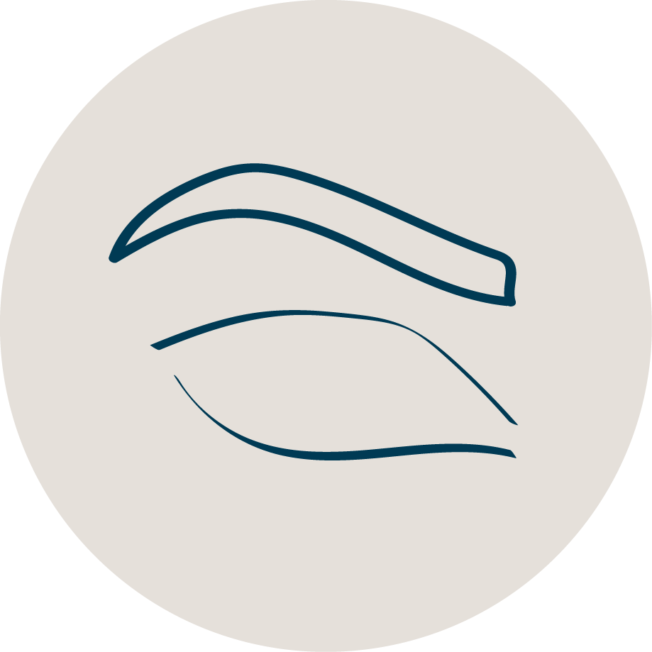Minimalist line drawing of an eye with an eyebrow above it, inside a circular frame.
