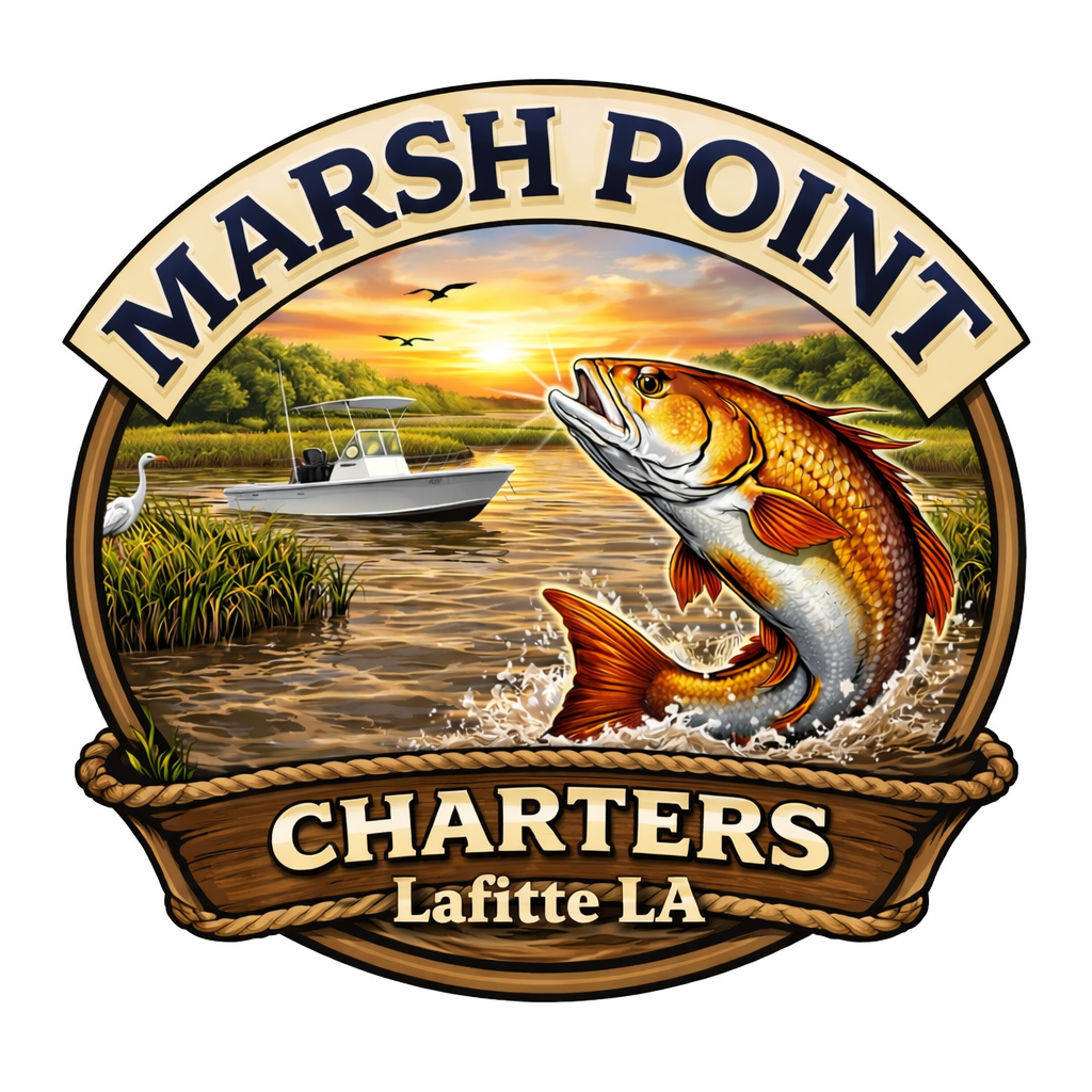 A logo for Marsh Point Charters in Lafitte, Louisiana, featuring a large fish jumping out of water with a boat and a heron in a scenic river setting at sunset.