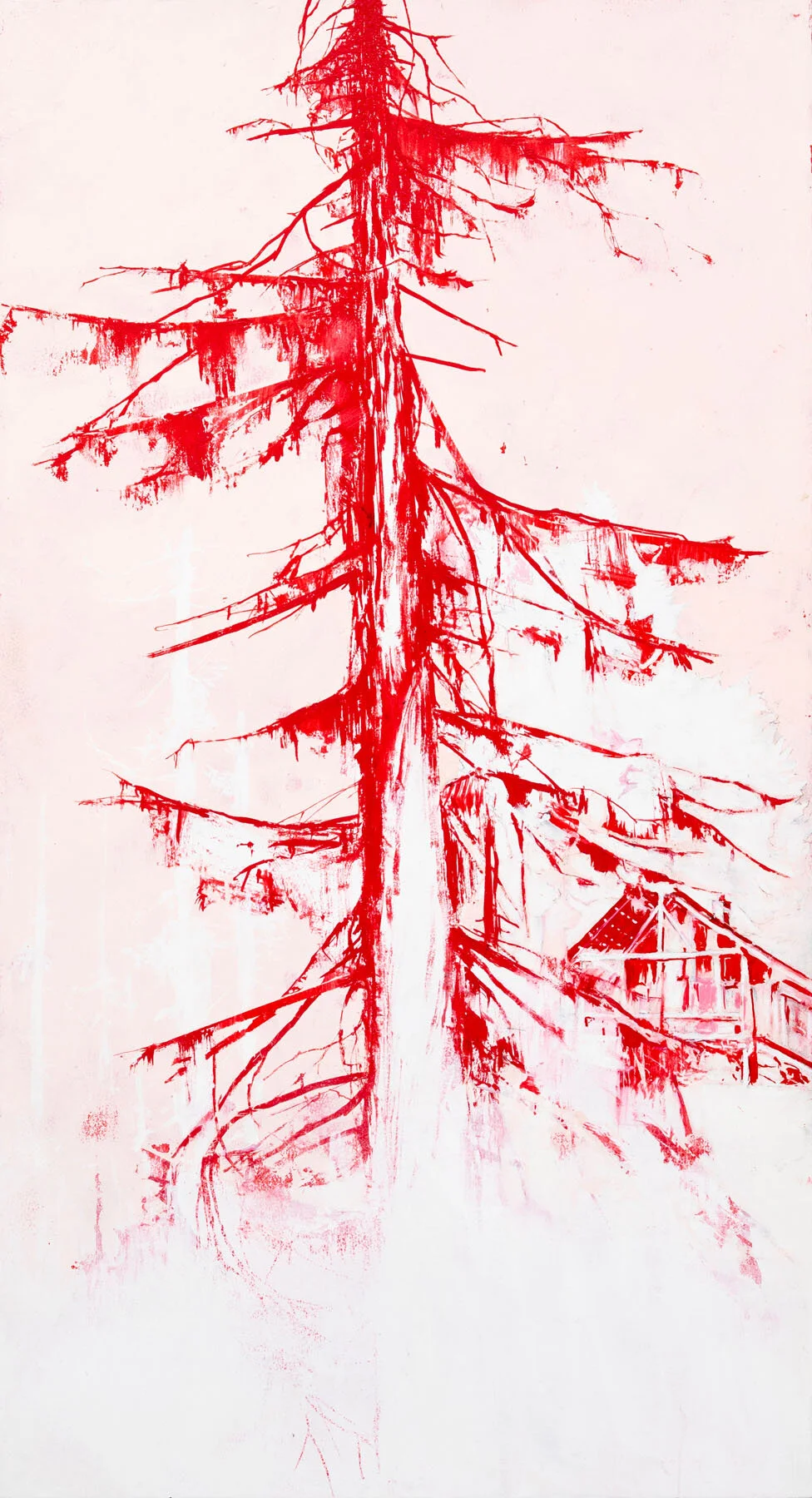 CABIN AND TREE, oil on board, 22 x 12"