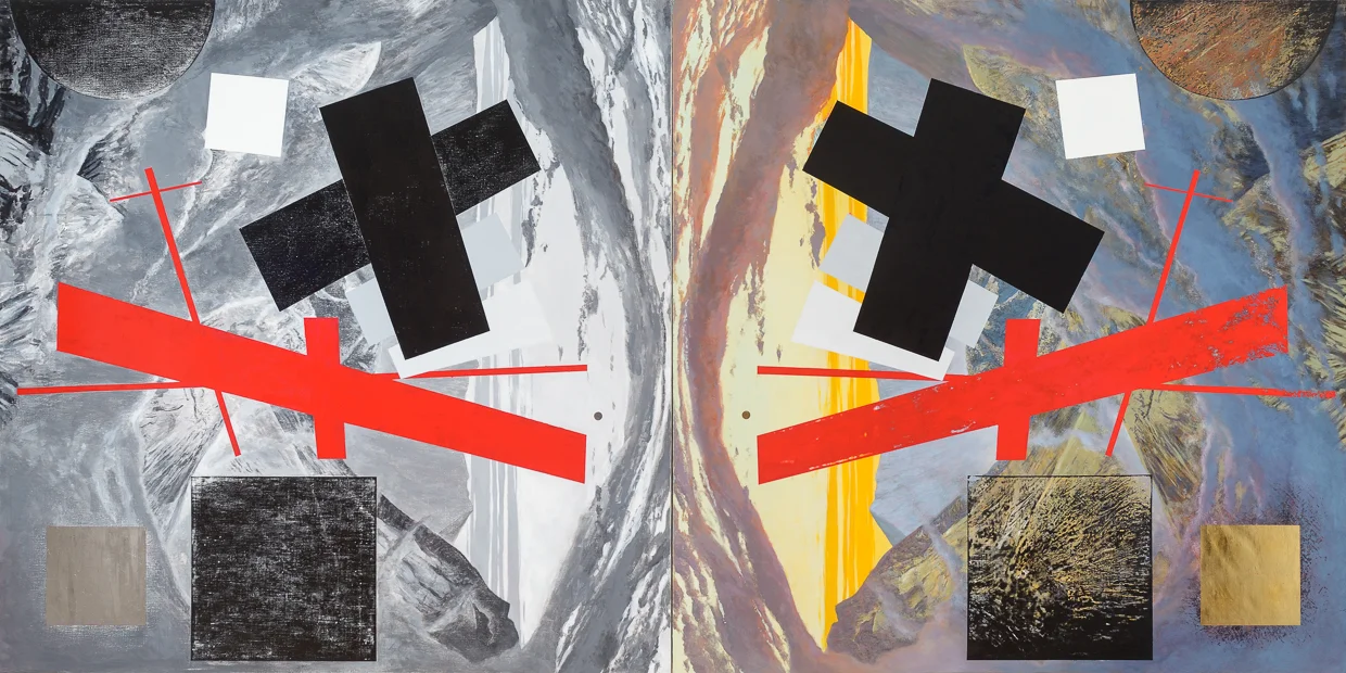 GHOST SHIRT (SILVER & GOLD), oil, silver, gold leaf on linen & canvas, 69 x 138"