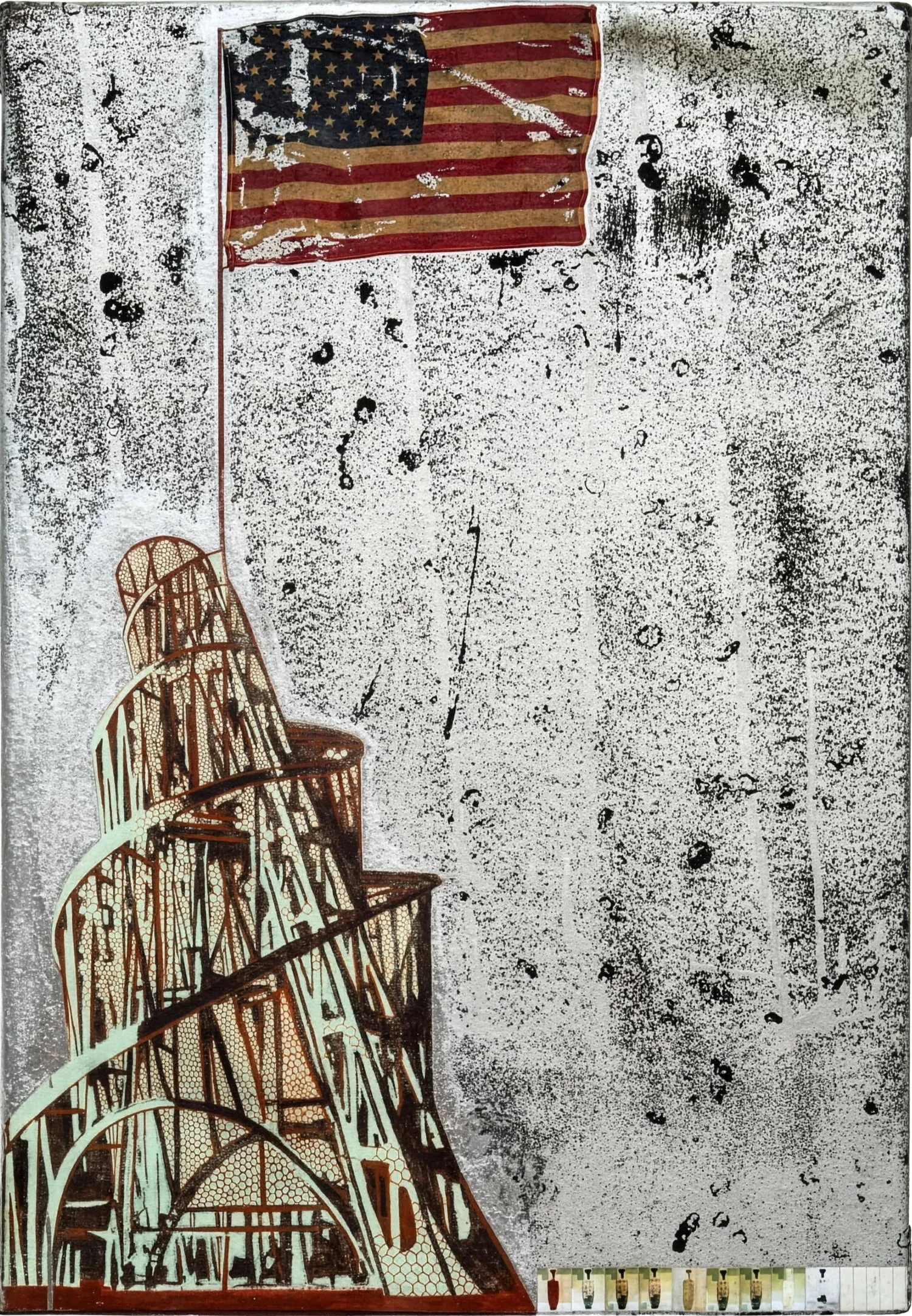 MONUMENT AND FLAG, mixed on panel, 39 x 27"