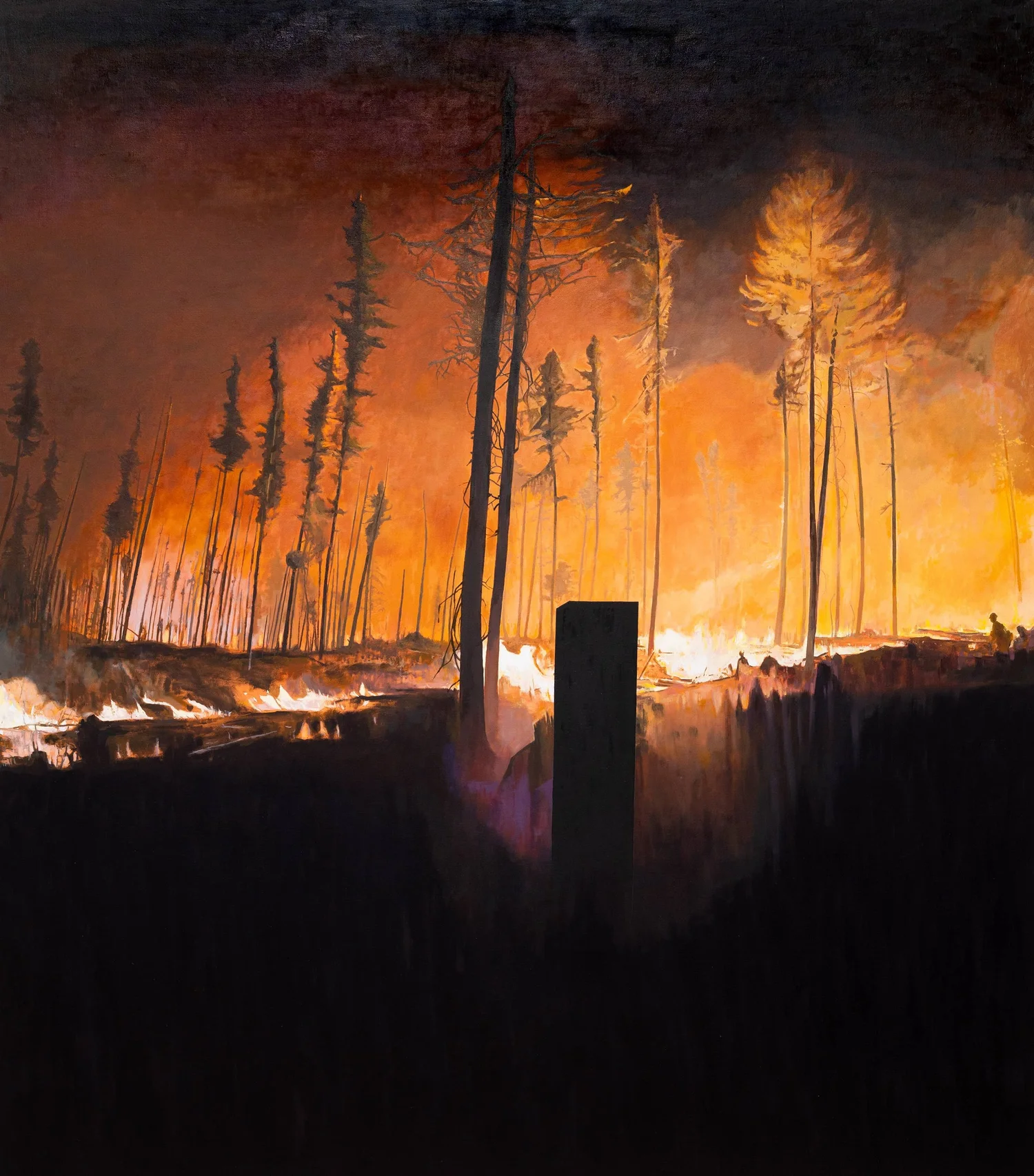 MONOLITH AND FIRE, oil on canvas, 82 x 72”