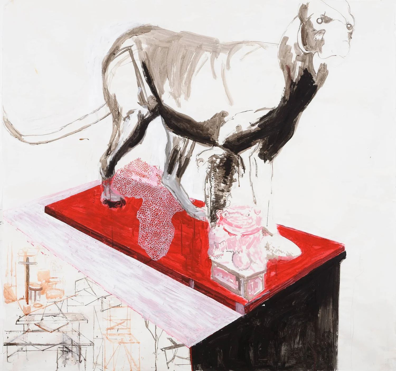 CAT AND DOG, mixed on paper, 50 x 48"