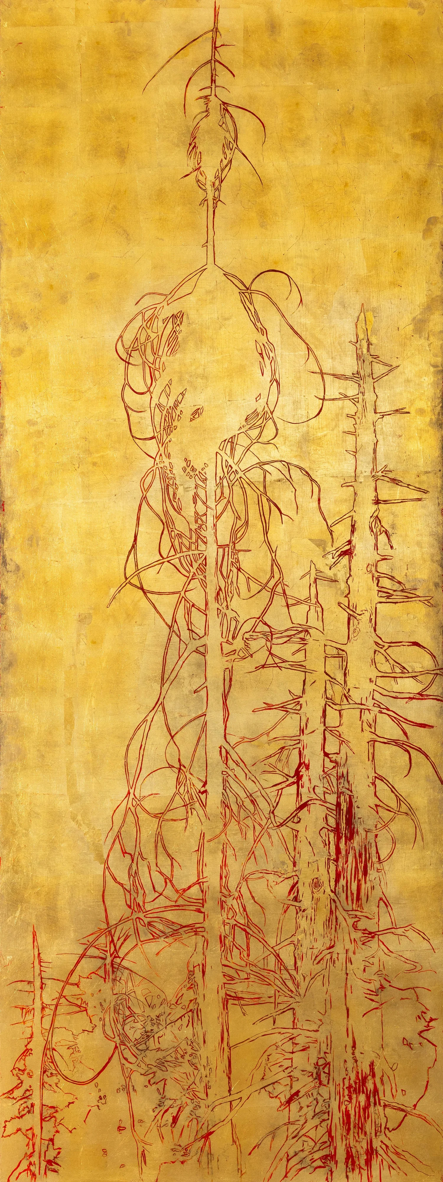 GOLD TREE, oil, gold leaf, panel, 80 x 30"