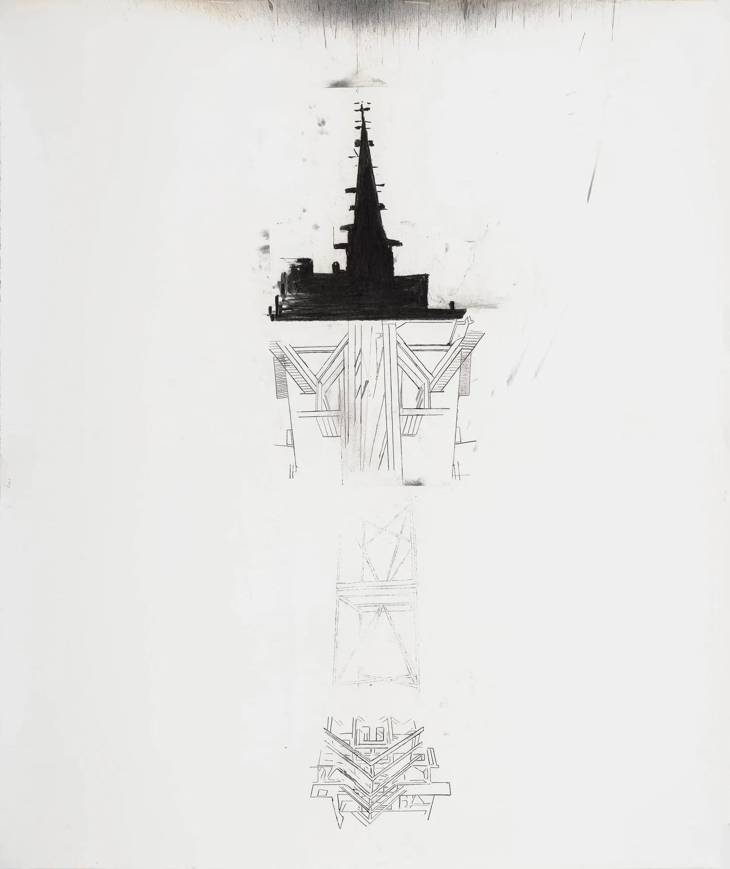 CHURCH AND STRUCTURE, mixed on paper, 36 x 24"