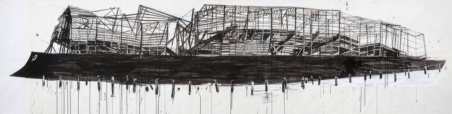 ARC DRAWING, sumi ink, acrylic on paper, 3.5 x 14'