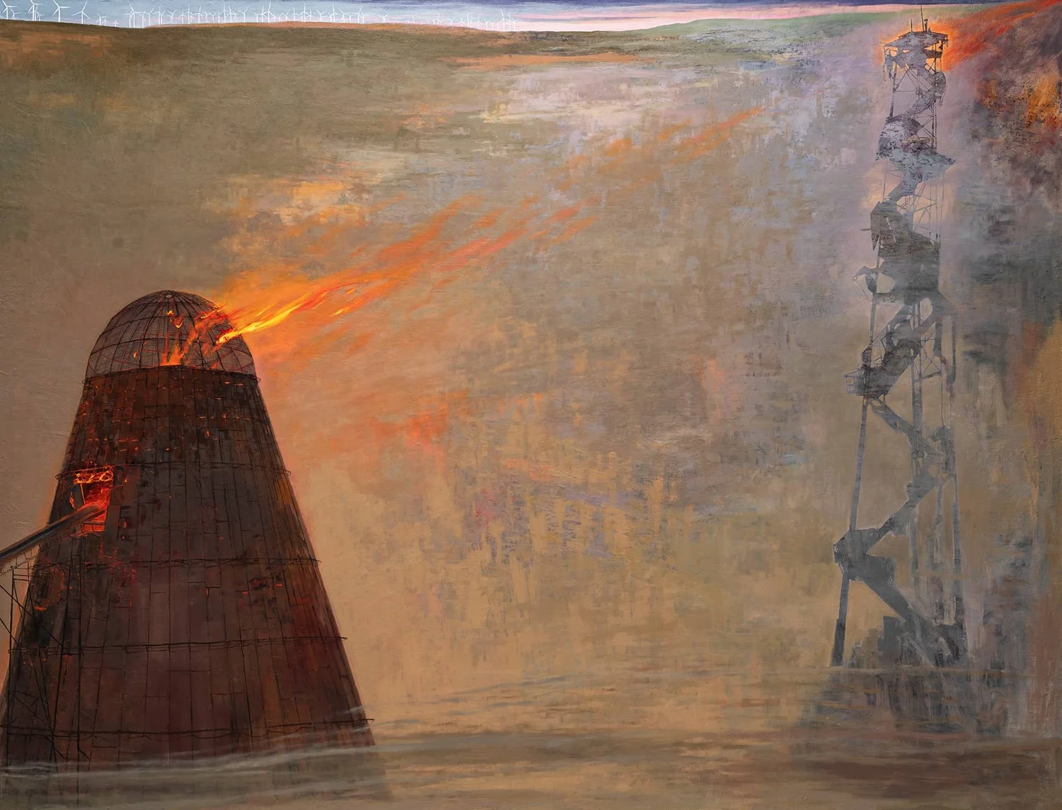 BURNER, TOWER, POWER, oil on canvas, 69 x 90”