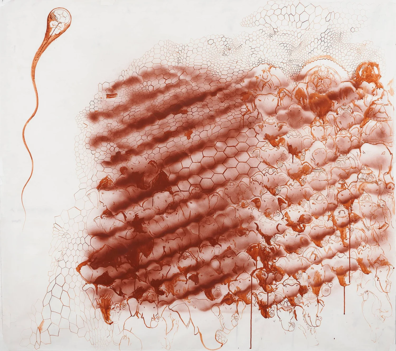HIVE, mixed on paper, 54 x 48"
