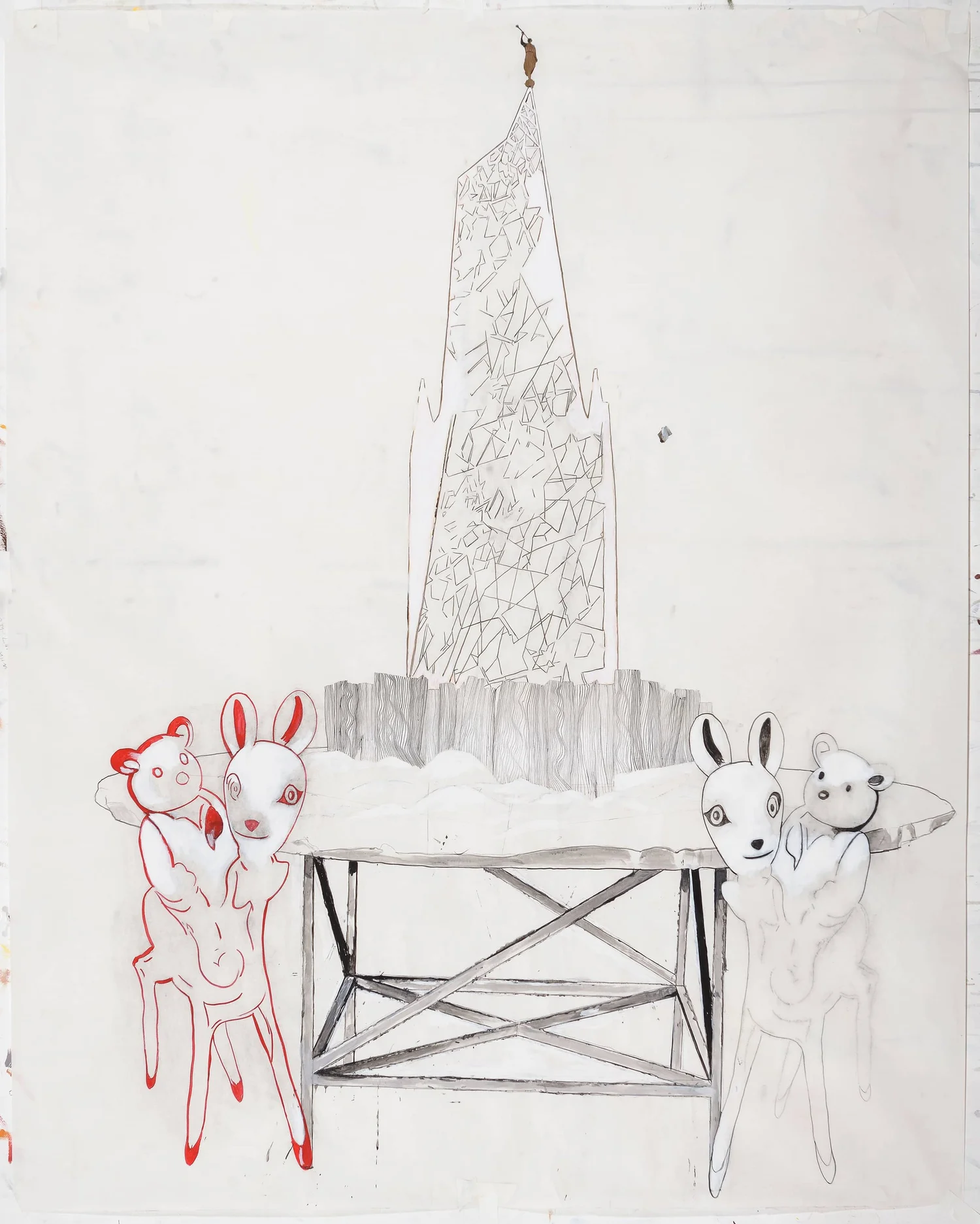 ARCHITECTURE, TABLE, AND ANIMALS, mixed on paper, 48 x 40"