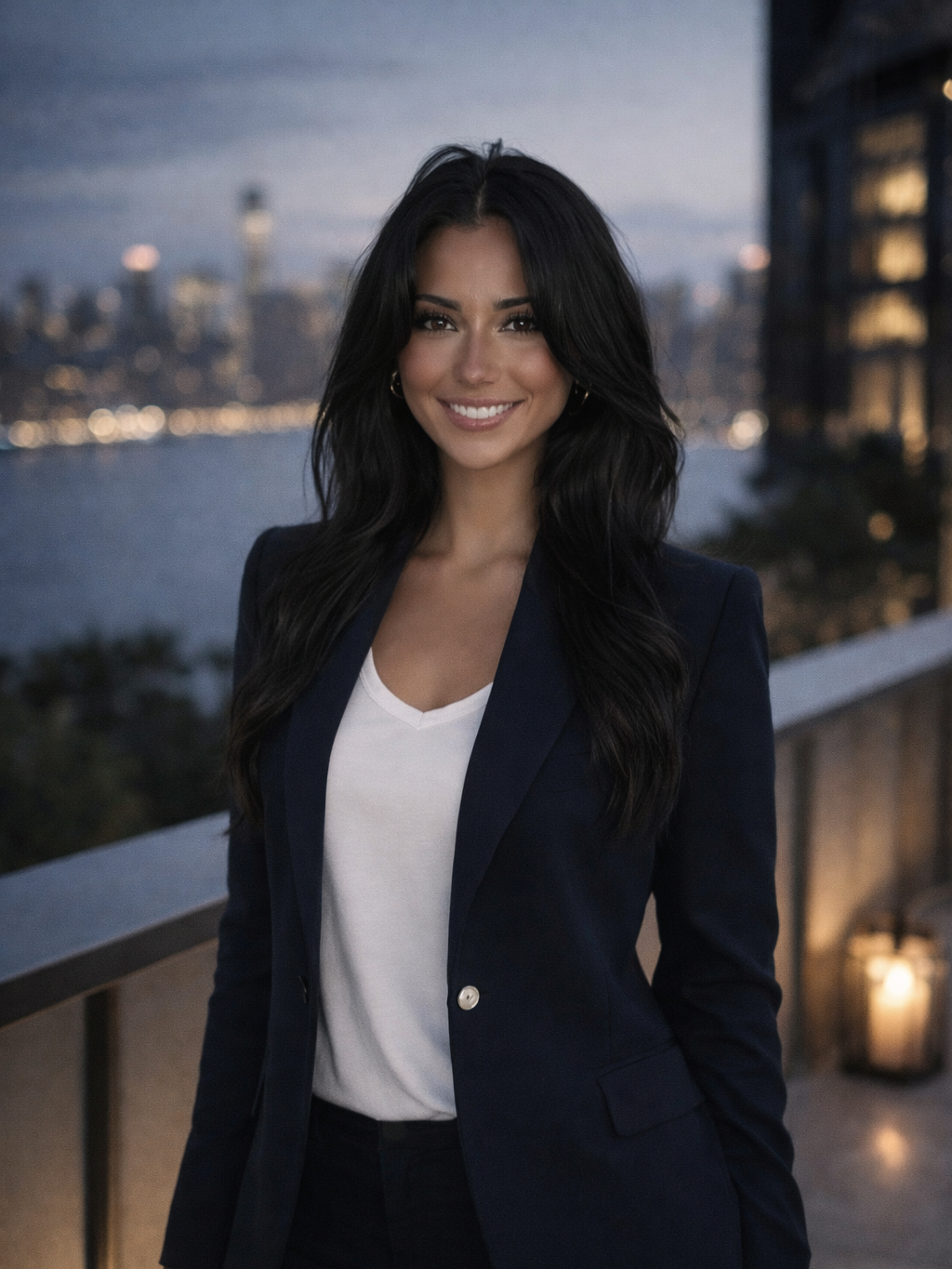 A young woman with long black hair, wearing a navy blazer and white top, standing on a balcony with city skyline and water in the background during evening.