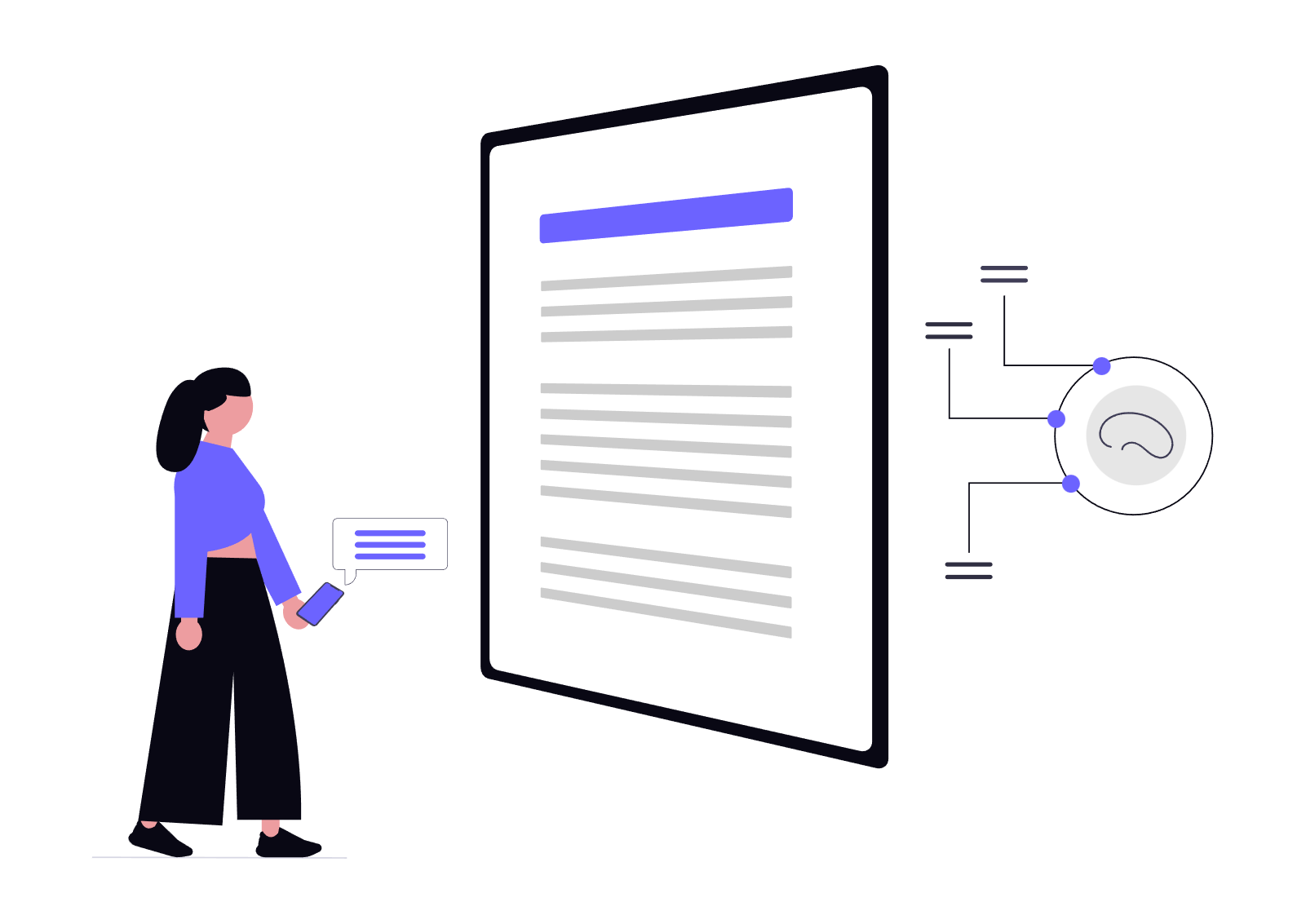 Illustration of a woman with dark hair, wearing a blue long-sleeve top and black pants, looking at a large digital screen with text. She holds a smartphone with a speech bubble indicating communication. The digital screen shows lines of text, with some sections highlighted in purple, and it's connected to a diagram of an ear with labeled parts, suggesting audio or hearing technology.