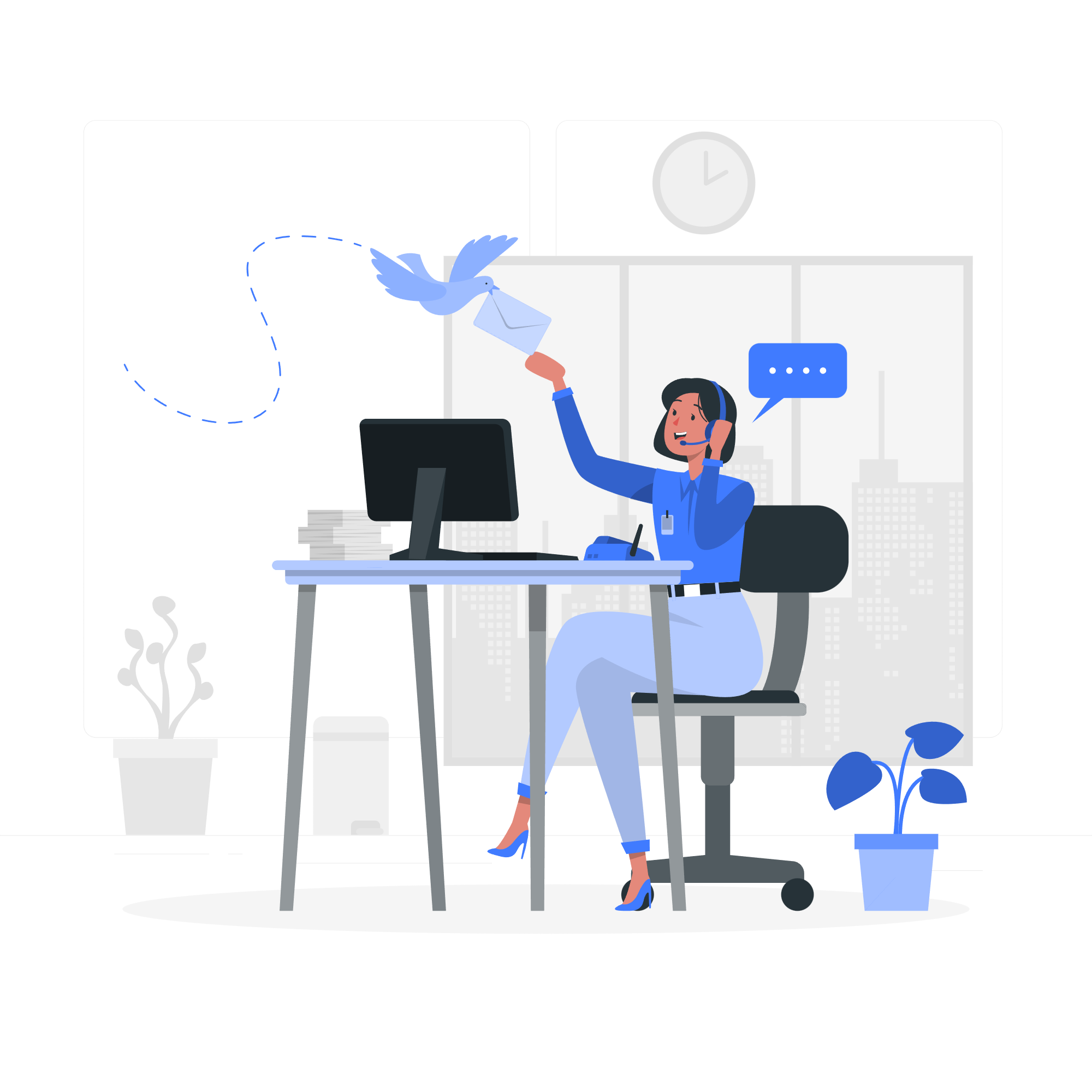 An illustration of a woman at her office desk, wearing a headset and smiling, with a bird flying nearby, delivering an envelope. The background shows a city skyline through large windows, with a clock on the wall and potted plants on either side of her computer desk.