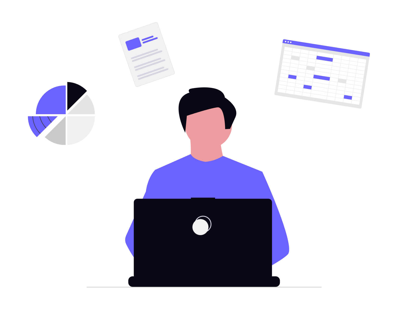An illustrated person working on a laptop with floating charts and spreadsheets around them.