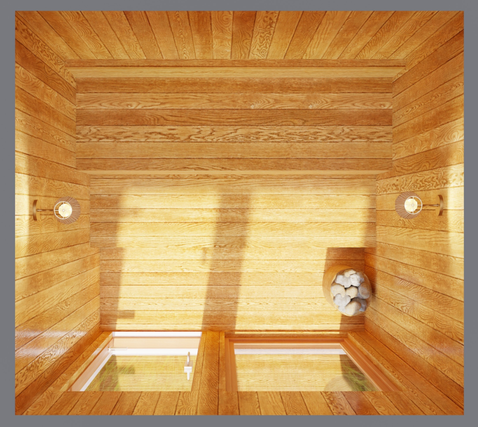 Wood-paneled cabin interior with two ceiling lights and a bundle of firewood near a window.