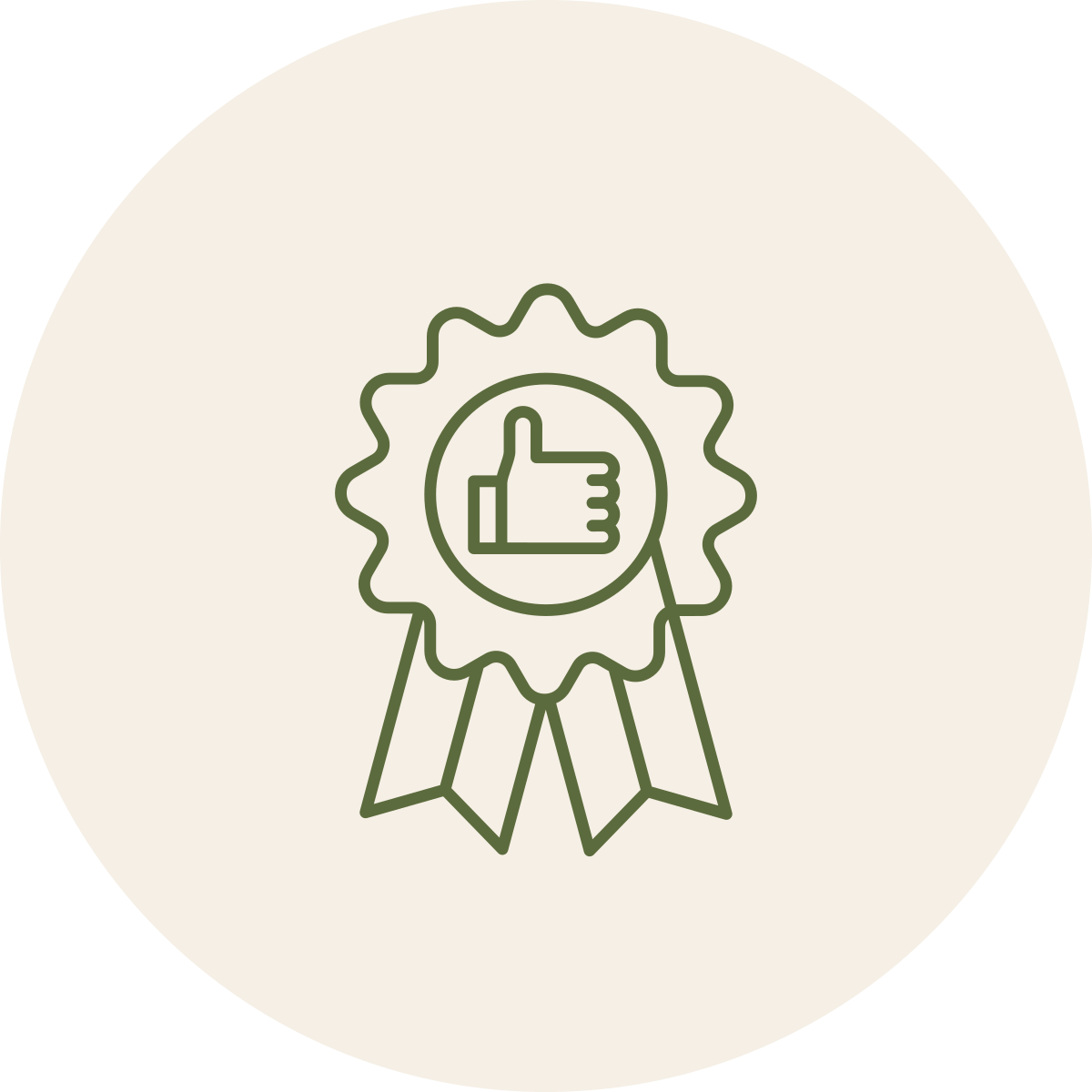 Line drawing of an award ribbon with a thumbs-up symbol in the center.