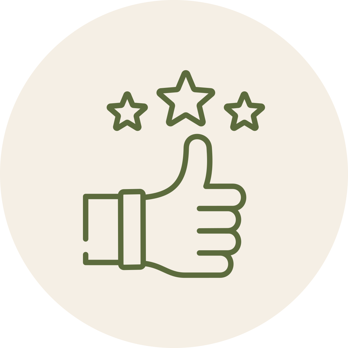 A graphic of a thumbs-up hand with three stars above it, symbolizing approval or positive feedback.