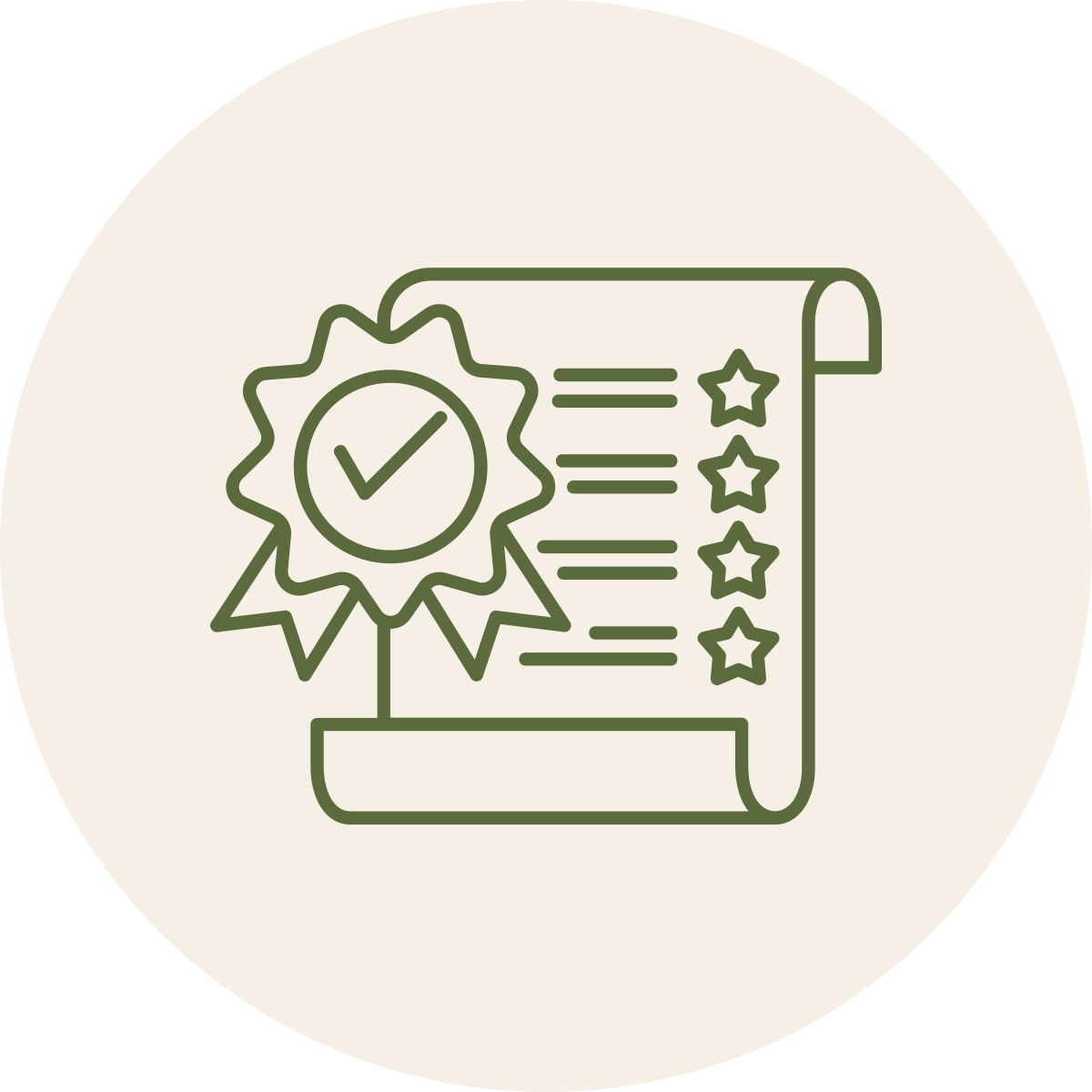 Line art icon of a certificate with a checkmark badge and star ratings.