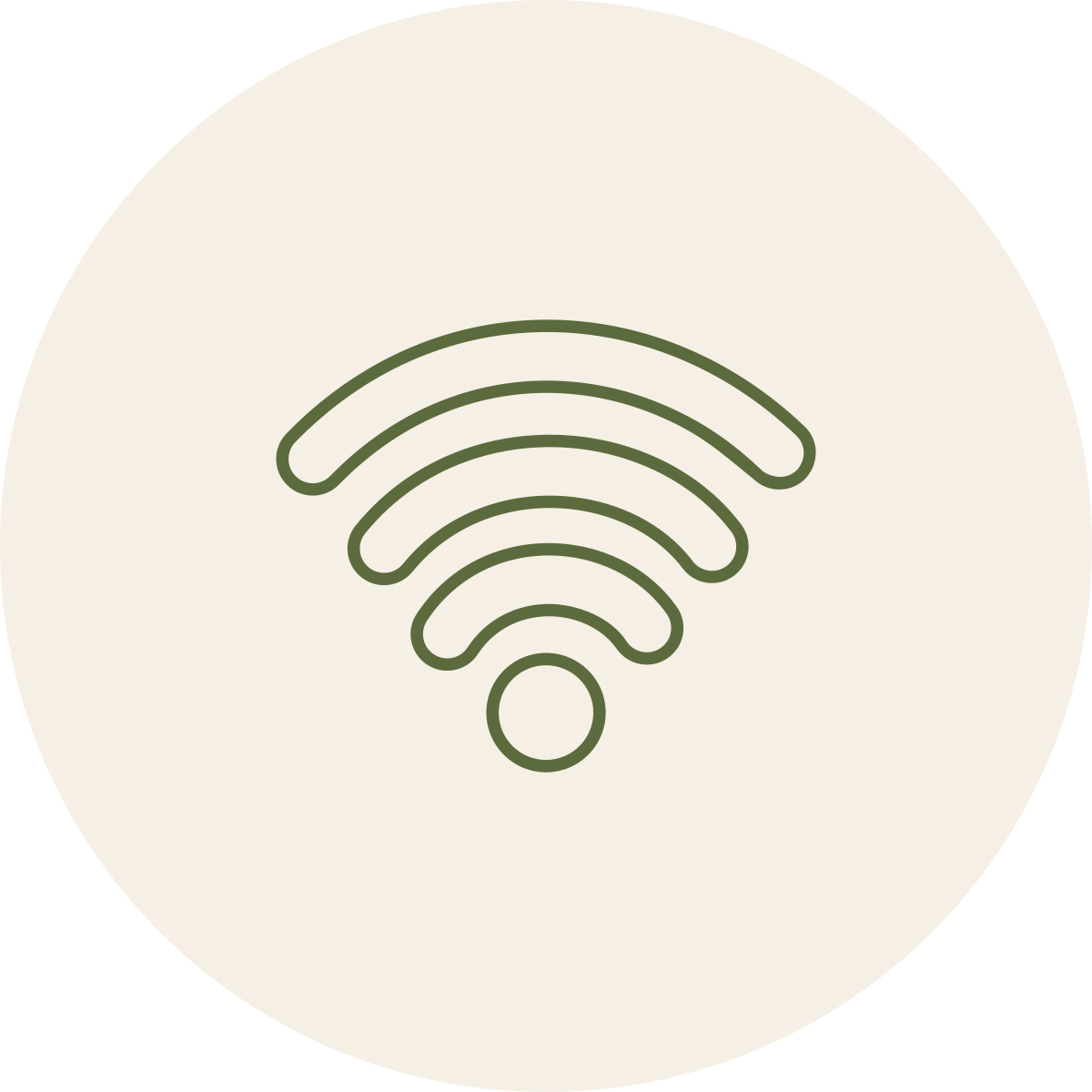 Icon of a Wi-Fi signal on a light beige circular background.