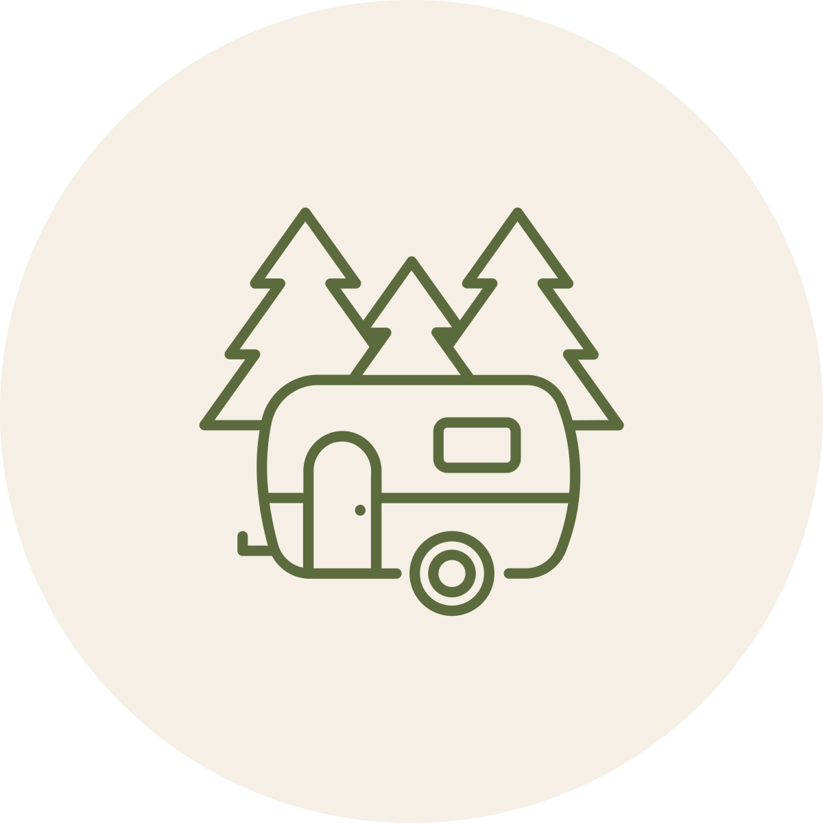 Line drawing of a camper with pine trees in the background.