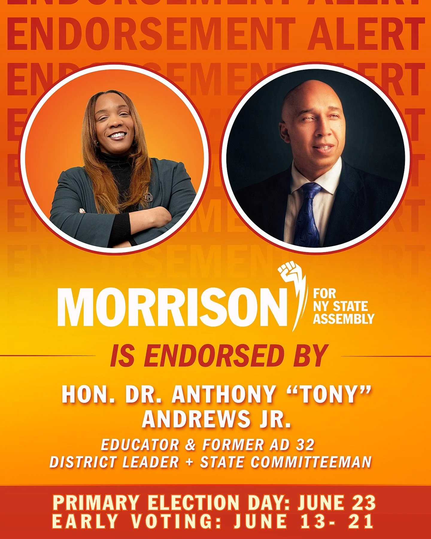 We&rsquo;re proud and honored to share that respected educator and longtime AD 32 leader Dr. Anthony &ldquo;Tony&rdquo; Andrews Jr. @andrews4progress has officially endorsed Tunisia Morrison for New York State Assembly in District 32, marking a power