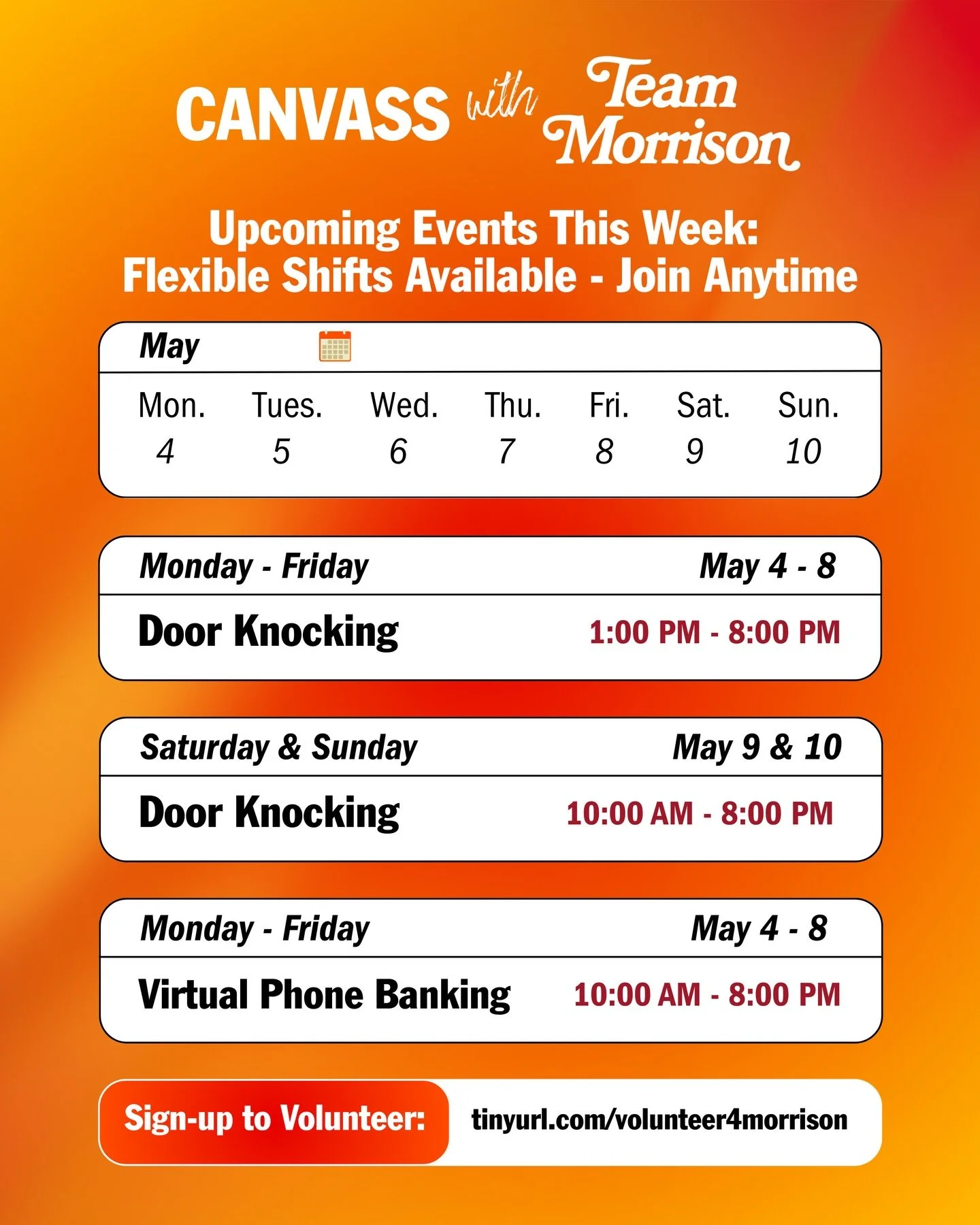Canvassing with Team Morrison is in full swing, and we&rsquo;re building this movement block by block. Every week through June, we&rsquo;ll be out door knocking across the district and hosting virtual phone banks, so there&rsquo;s a role for everyone