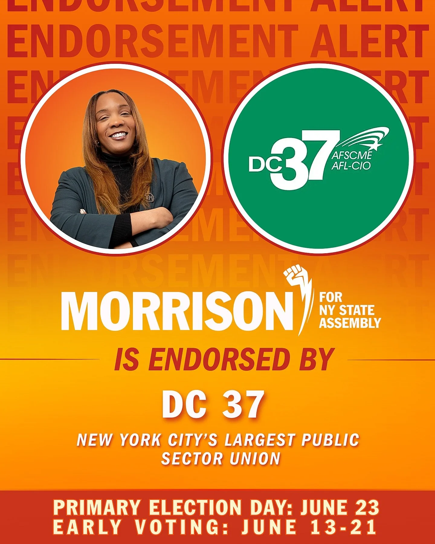 We&rsquo;re proud and honored to share that New York City&rsquo;s largest public sector union, DC 37, has officially endorsed Tunisia Morrison for New York State Assembly in District 32, marking a powerful moment for the movement we are building from