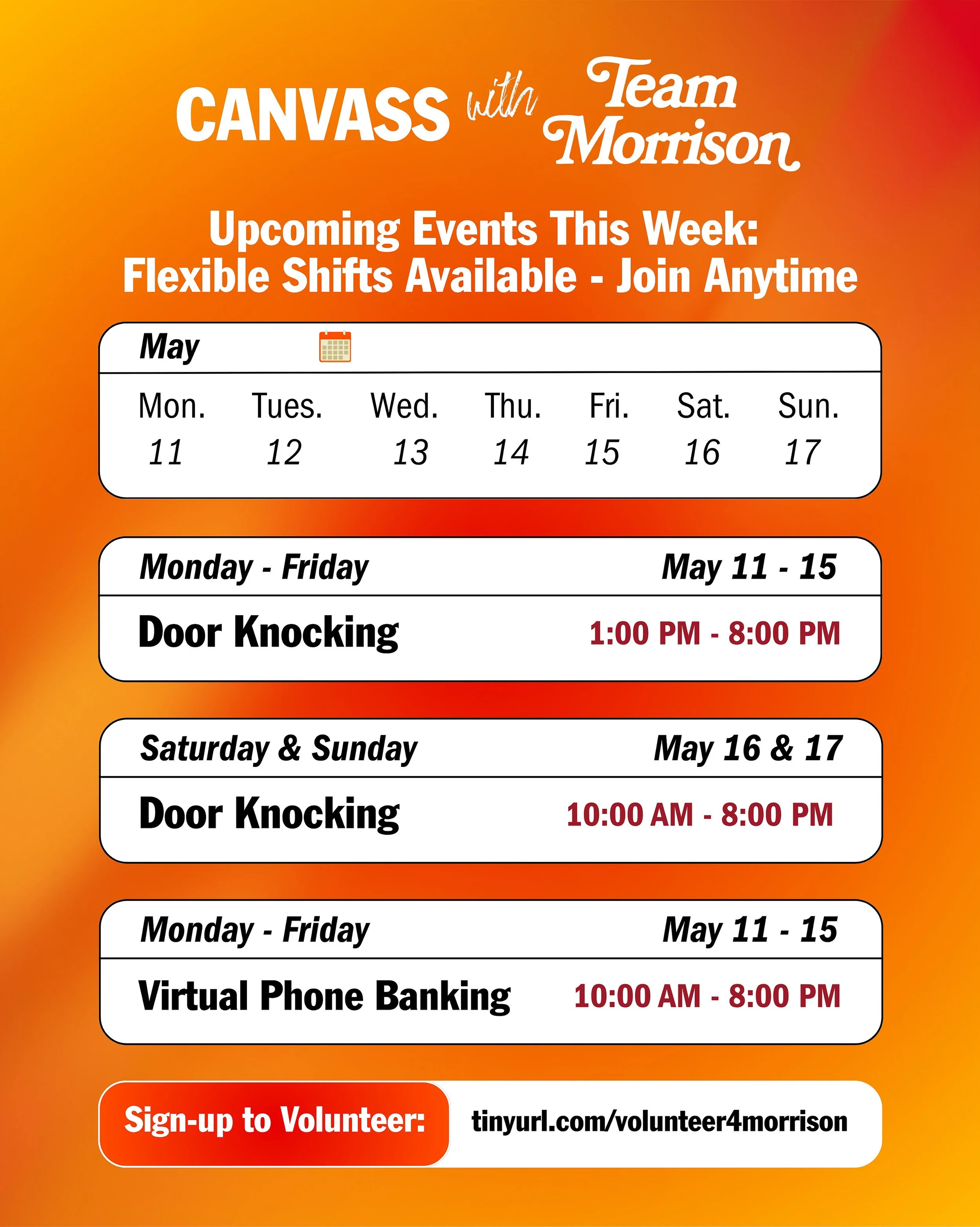 Canvassing with Team Morrison is in full swing, and we&rsquo;re building this movement block by block. Every week through June, we&rsquo;ll be out door knocking across the district and hosting virtual phone banks, so there&rsquo;s a role for everyone
