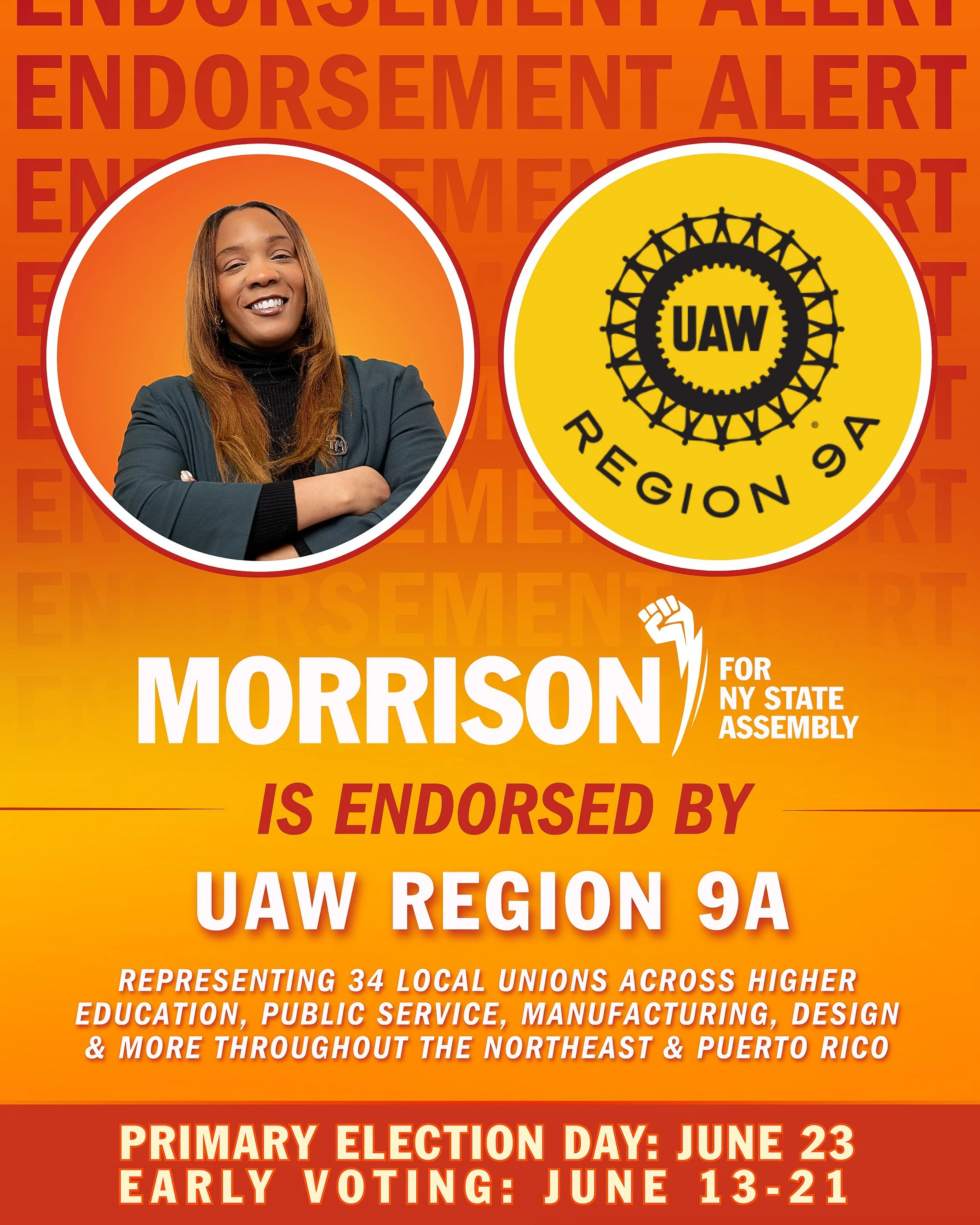 We&rsquo;re proud to announce that UAW Region 9A￼ has officially endorsed Tunisia Morrison for New York State Assembly in District 32. Representing 34 local unions across the Northeast and Puerto Rico, UAW Region 9A brings together workers across hig