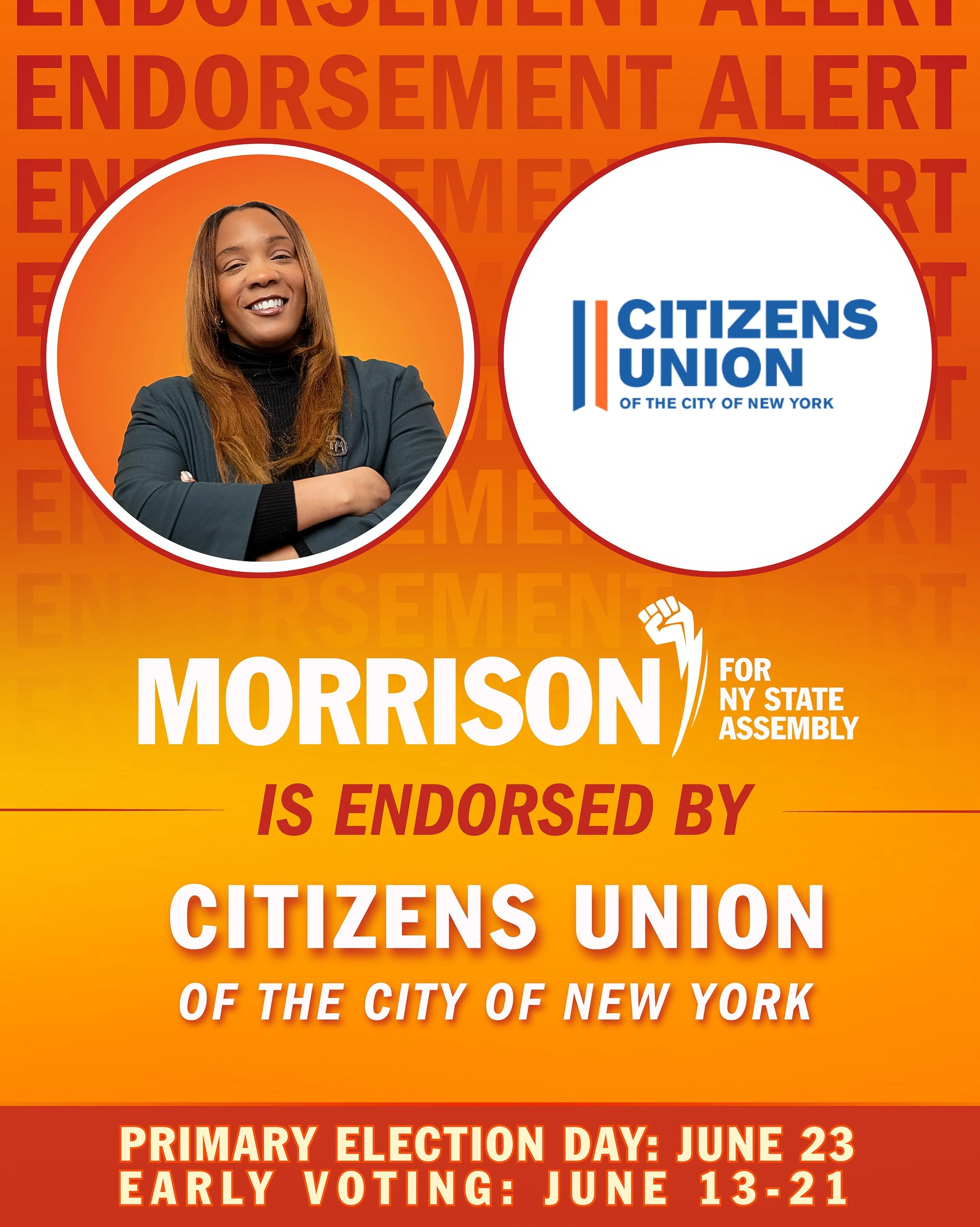 We&rsquo;re proud to announce that Citizens Union has officially endorsed Tunisia Morrison for New York State Assembly in AD 32.

For more than a century, Citizens Union has been one of New York&rsquo;s leading independent good-government organizatio
