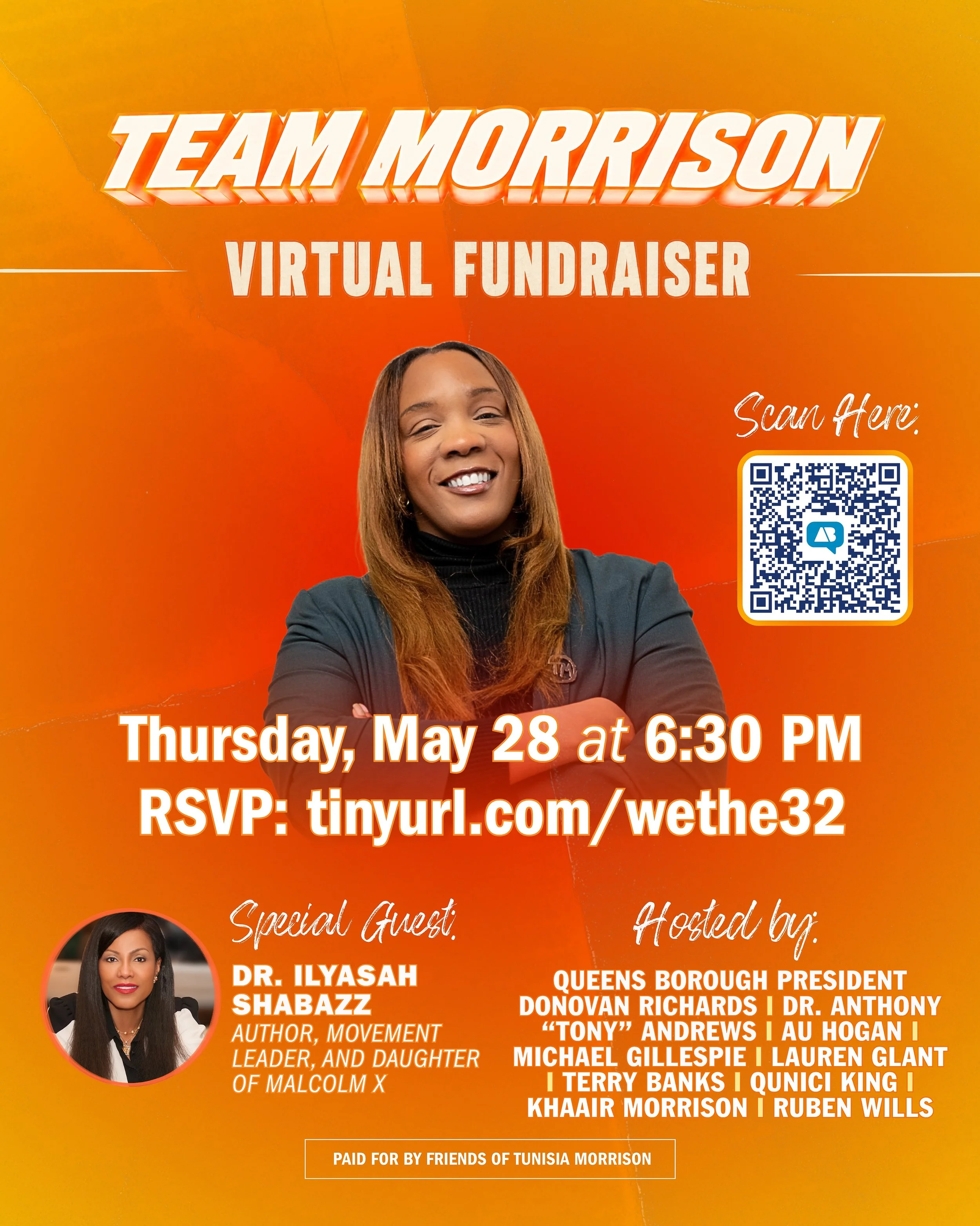 Join Team Morrison for a virtual night of fundraising, conversation, and people-powered energy on Thursday, May 28 at 6:30 PM via Zoom as we continue building momentum toward victory.

We&rsquo;re honored to welcome Dr. Ilyasah Shabazz, acclaimed aut
