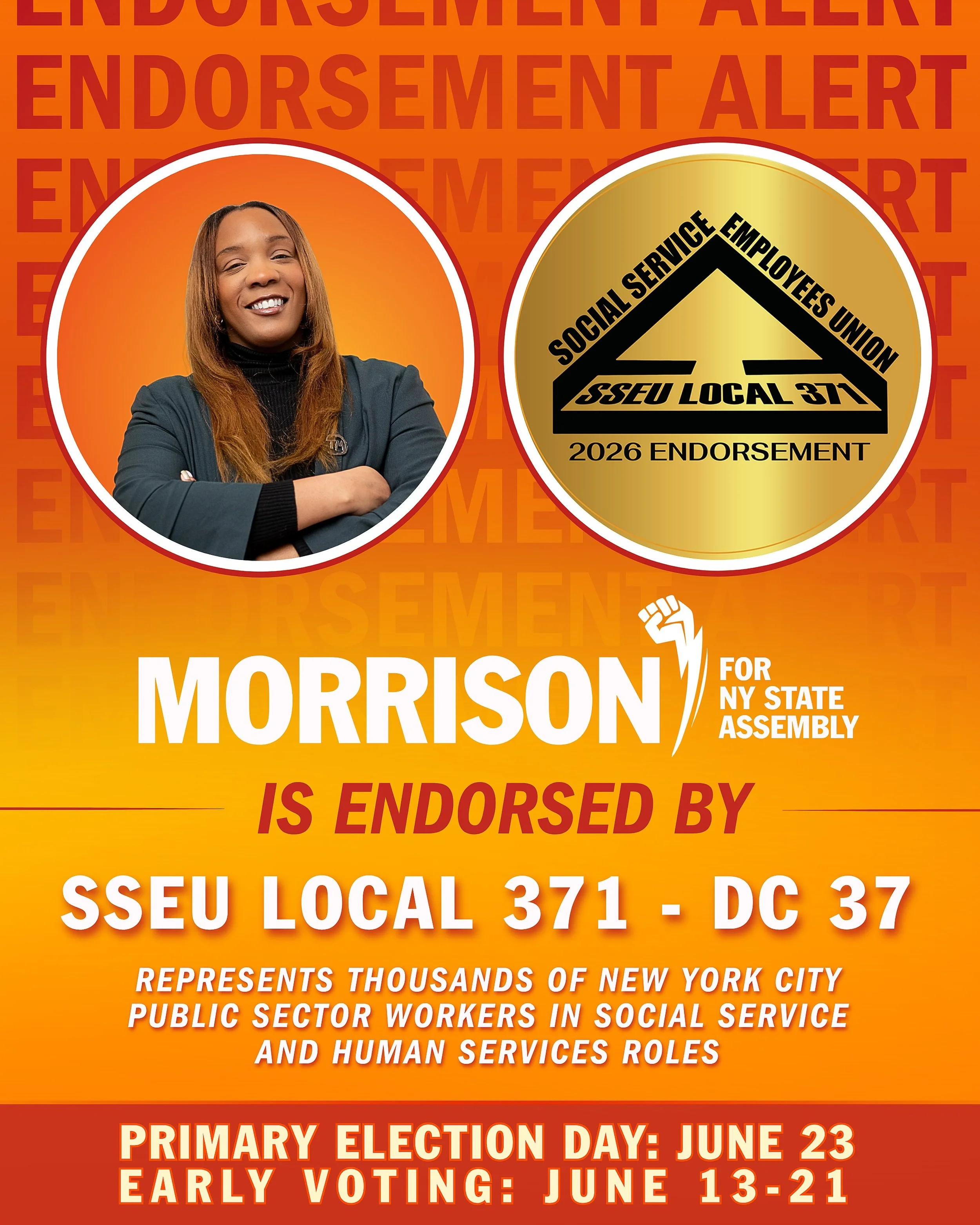 We&rsquo;re proud to announce that SSEU Local 371 - DC37 has officially endorsed Tunisia Morrison for New York State Assembly in District 32. Representing thousands of New York City public sector workers in social service and human services roles, Lo