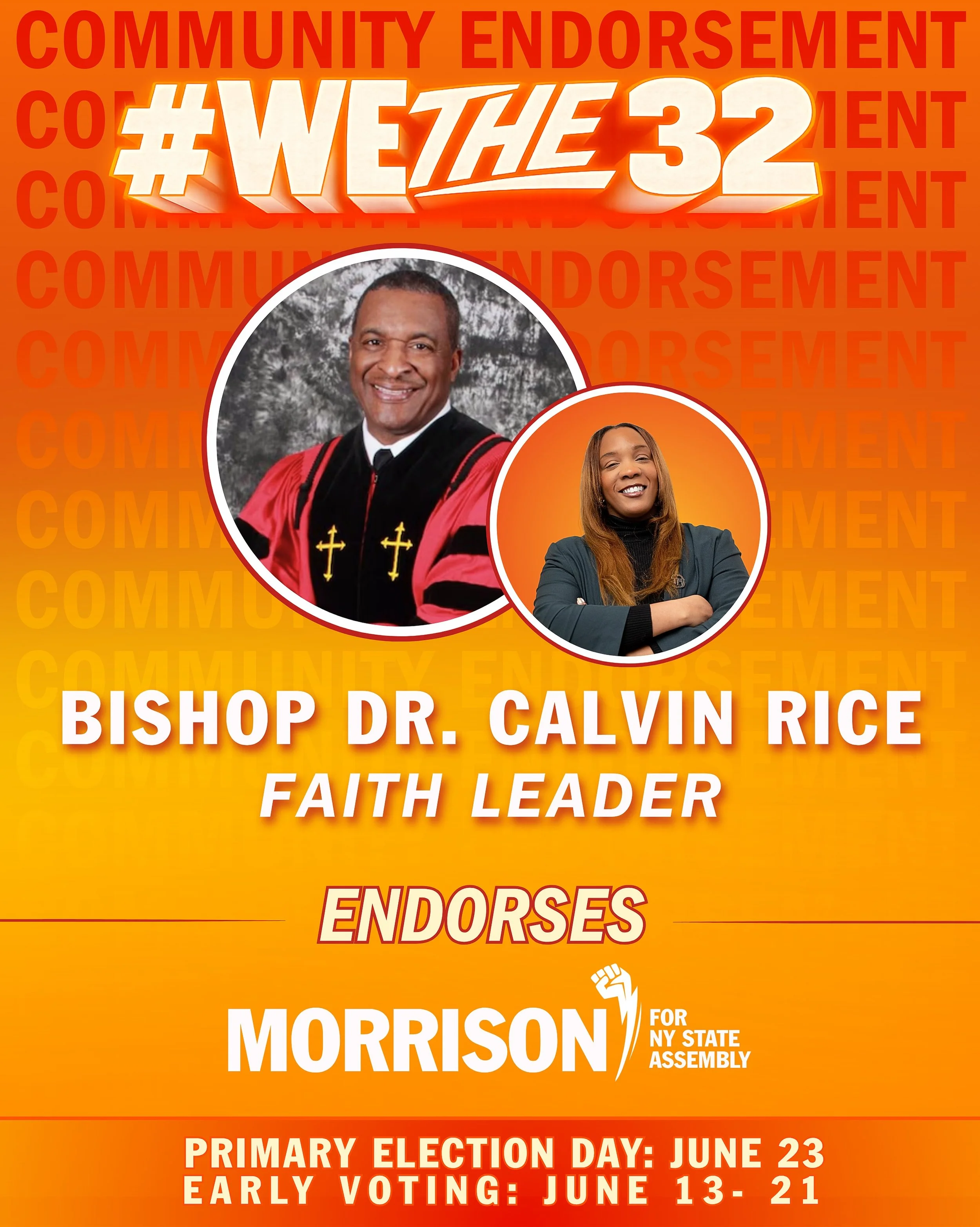 We&rsquo;re proud to announce that Bishop Dr. Calvin Rice has endorsed Tunisia Morrison for New York State Assembly in District 32 in his personal capacity as a community and faith leader.

For years, Bishop Rice has been a trusted voice in Southeast