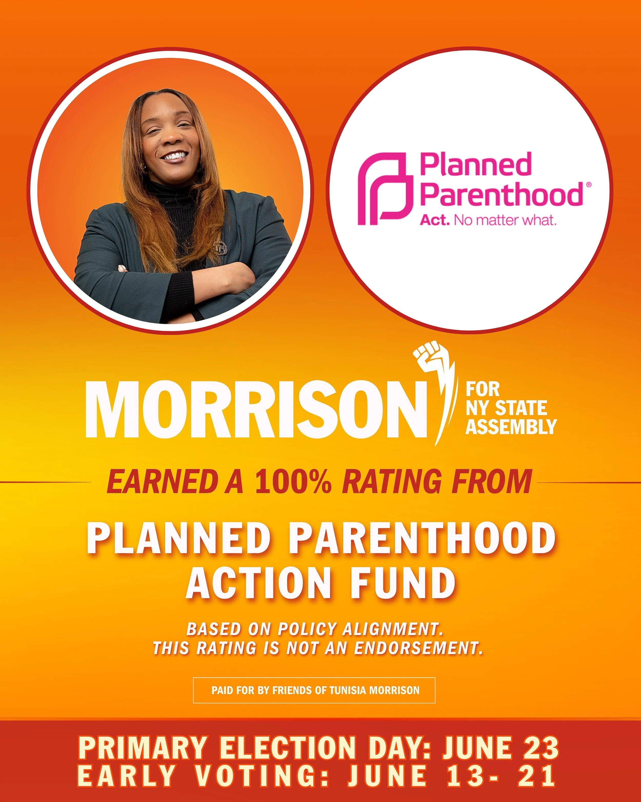 We&rsquo;re proud to share that Tunisia Morrison has earned a 100% rating from the Planned Parenthood Action Fund, reflecting strong alignment on policies that protect reproductive freedom, bodily autonomy, and access to healthcare for all New Yorker
