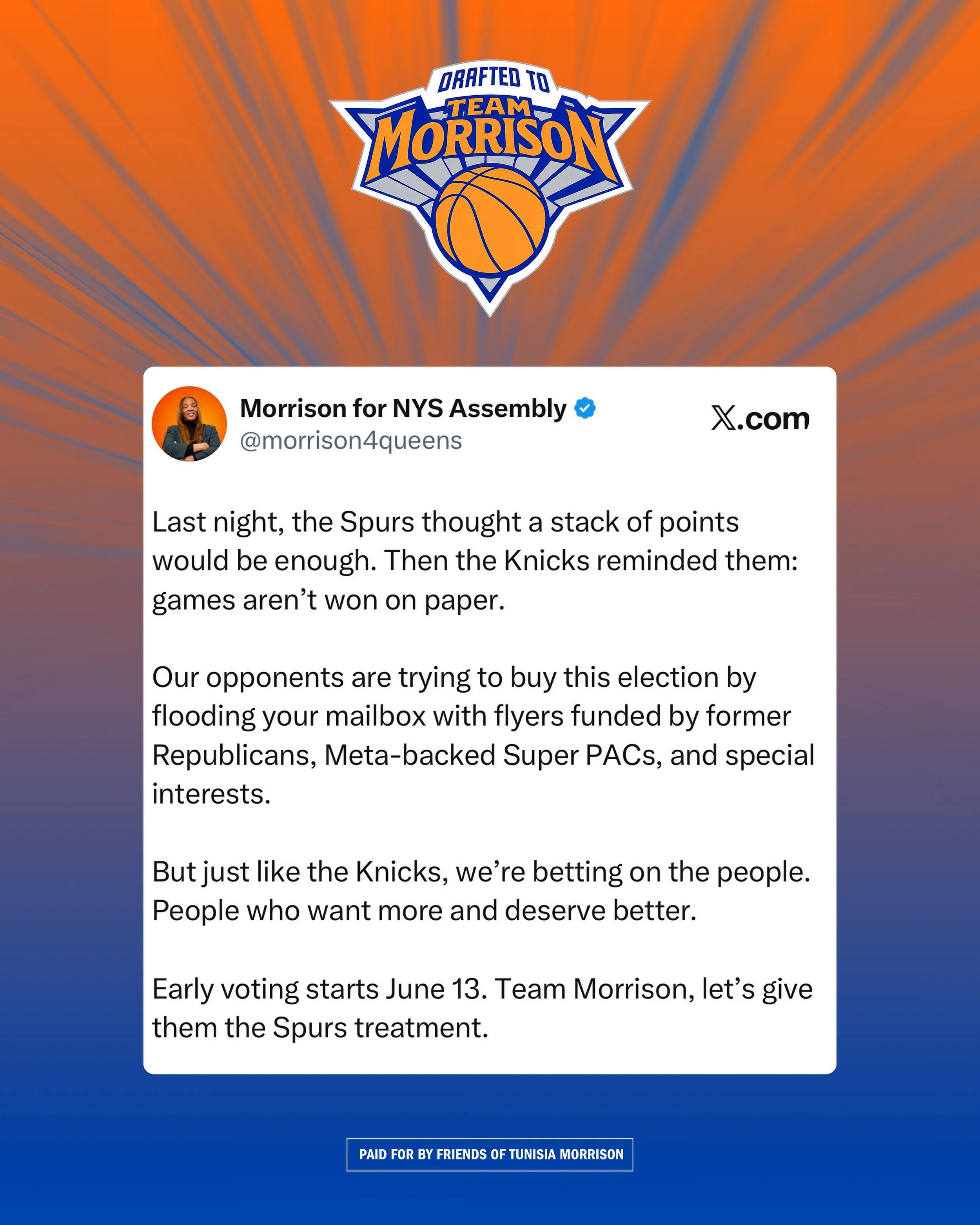 Last night, the Spurs learned the hard way that a lead isn&rsquo;t a victory. You still have to finish the game.

Our opponents think a flood of mailers, Super PAC money, former Republican donors, and Meta-backed special interests can outweigh the pe