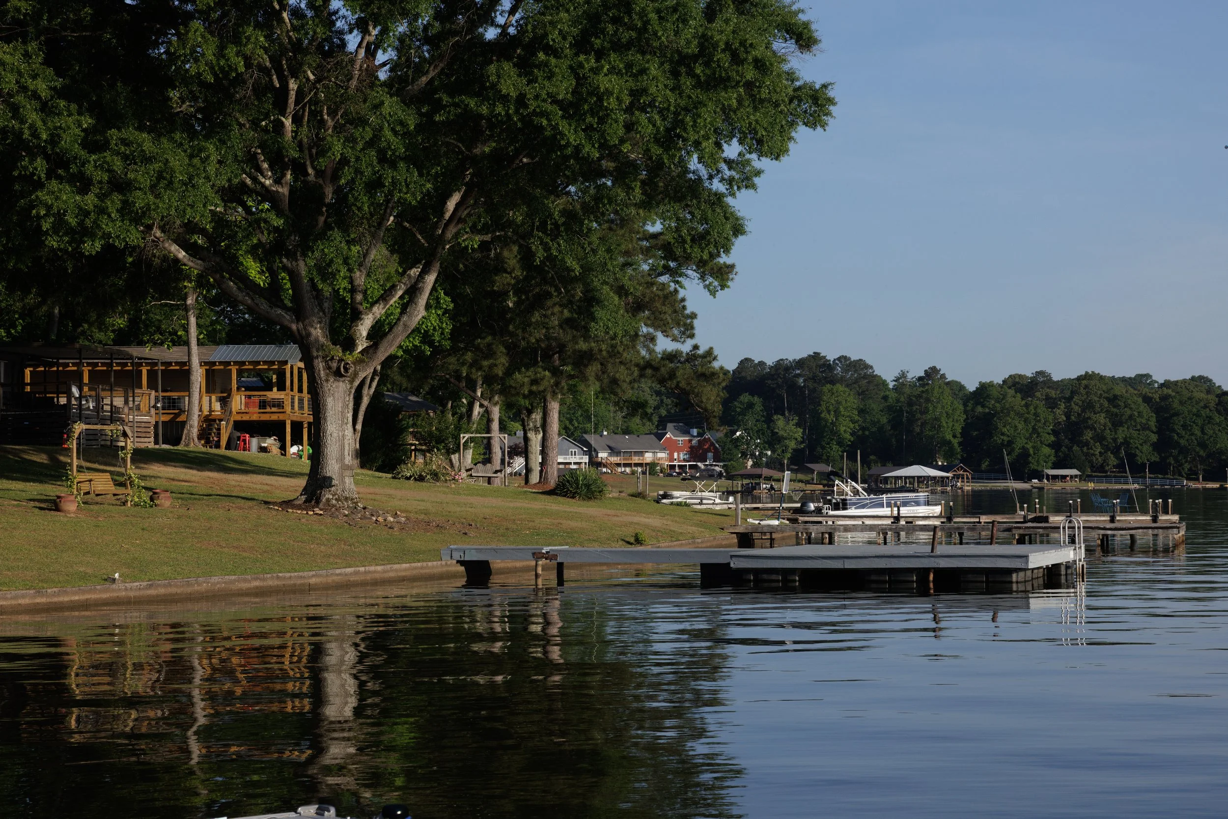 A lakeside residential area with a large green tree in the foreground, boats docked at a wooden pier, and houses along the shoreline under a clear blue sky.