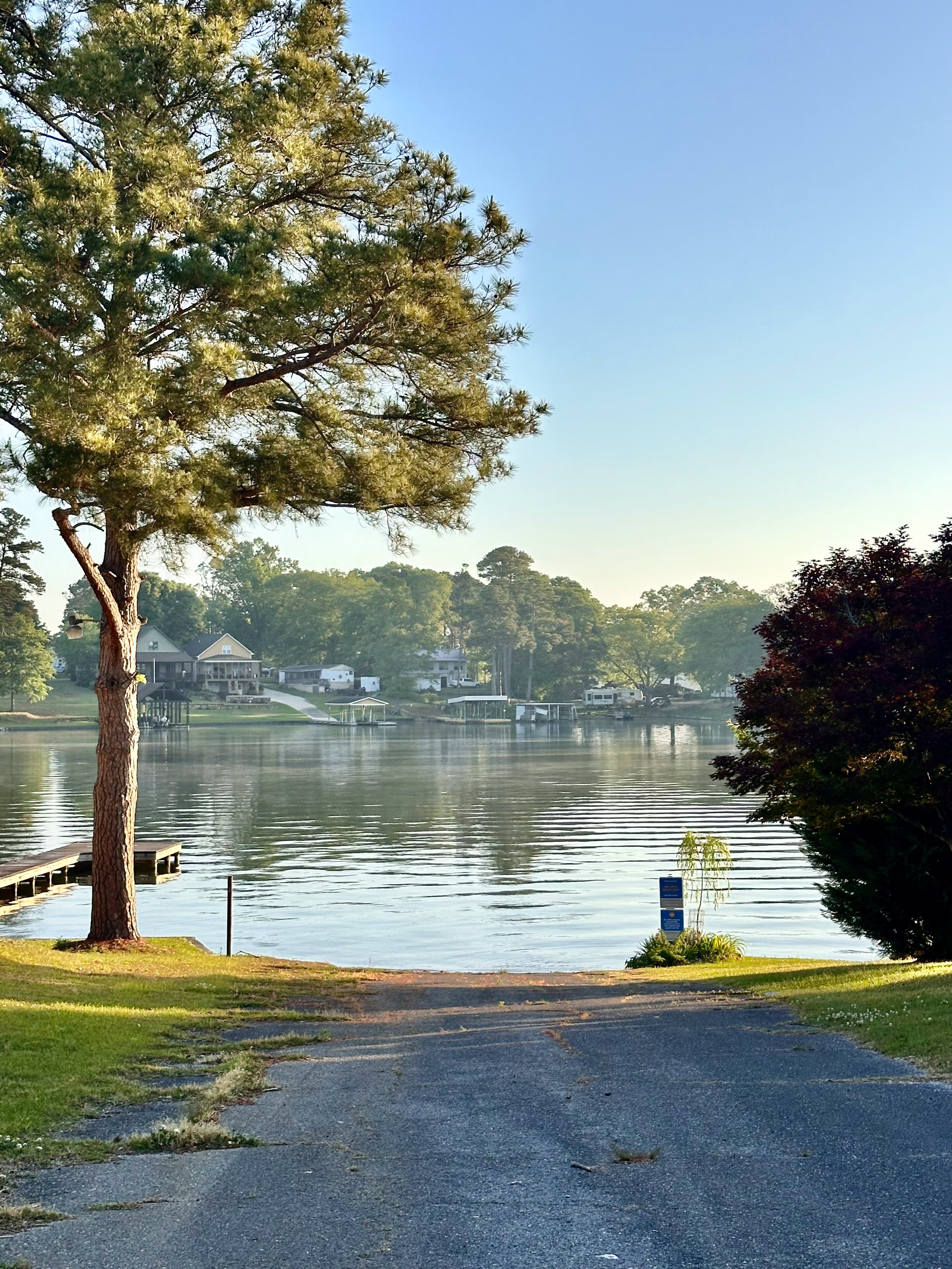 A lakeside scene in the early morning with a tree on the left, calm water, and houses with docks along the shoreline in the background. The sky is clear and the light is soft.