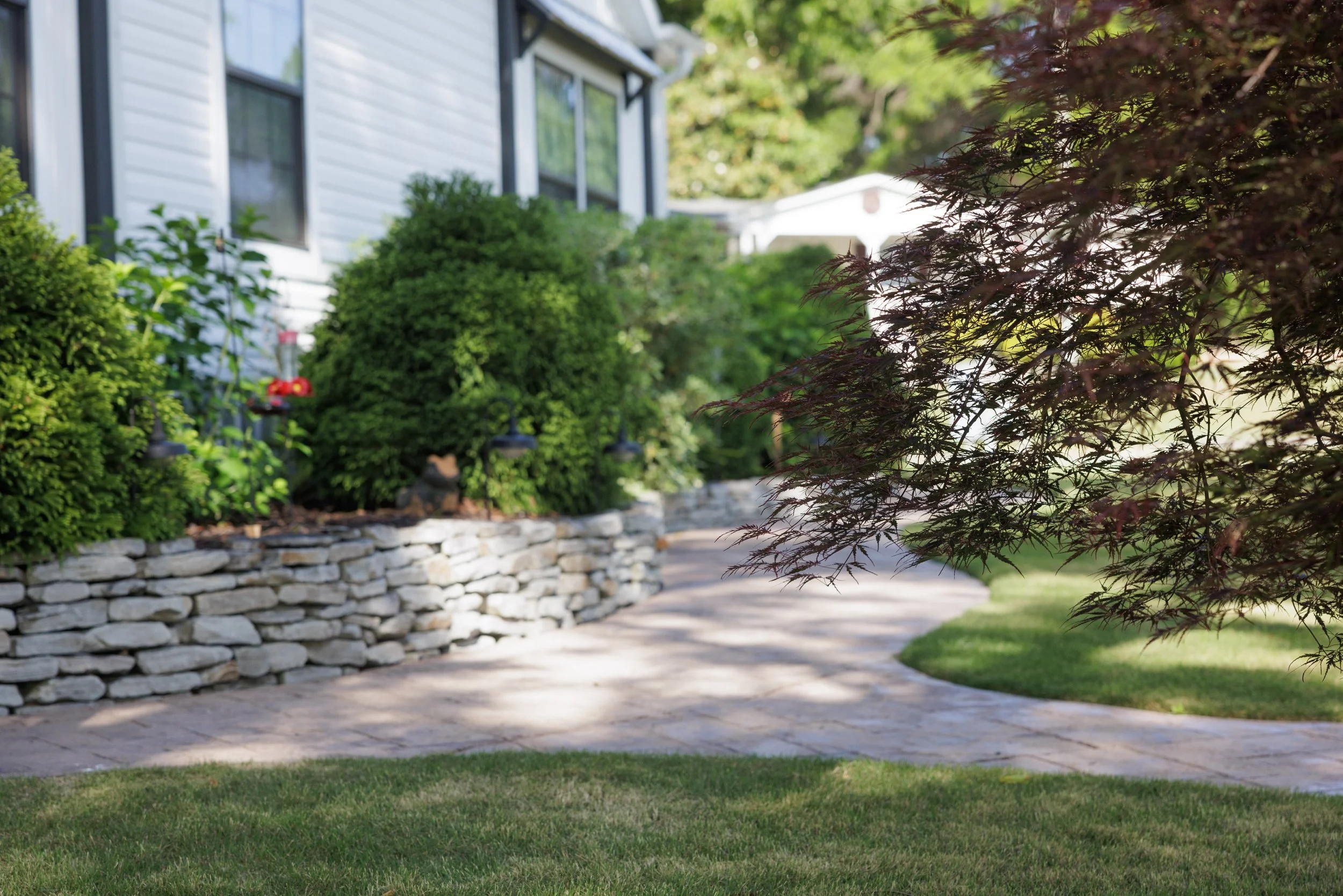 A residential backyard with a stone retaining wall, green bushes, a paved pathway, and the front of a house with white siding and black trim visible in the background. Sunlight filters through nearby trees.
