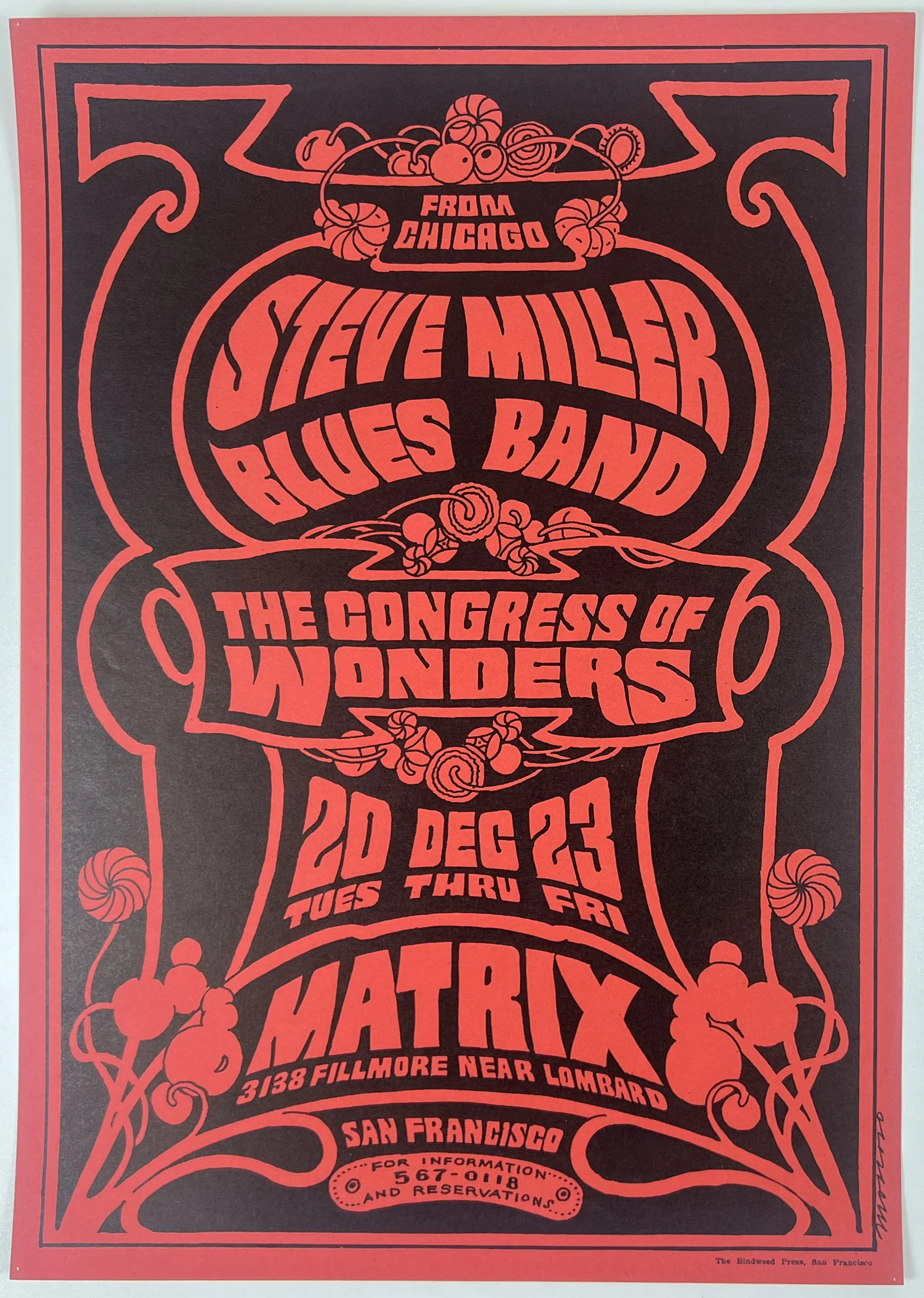 Poster advertising a concert by Steve Miller Blues Band and The Congress of Wonders, at the Matrix in San Francisco from December 20 to 23, with colorful, psychedelic design elements.