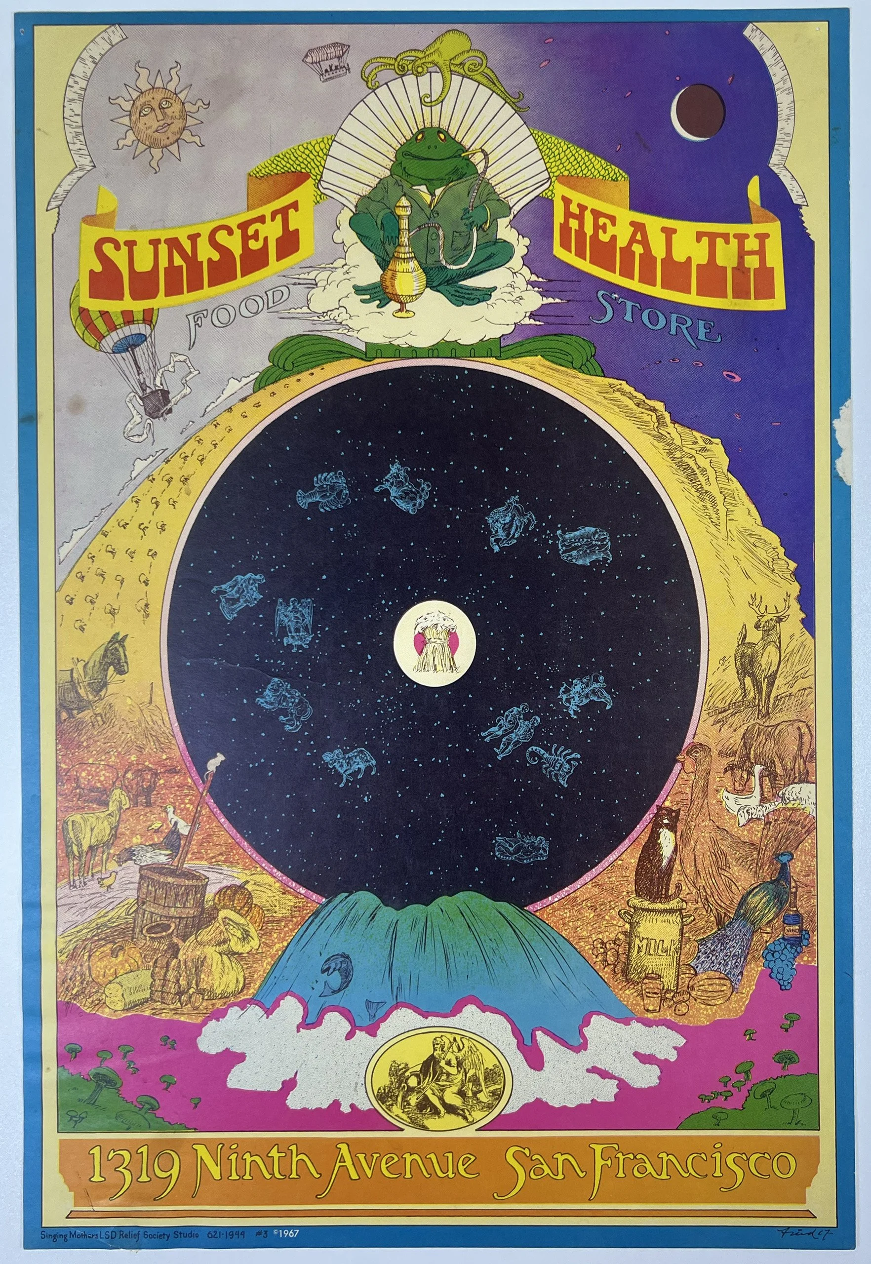 Colorful illustration promoting Sunset Health Store at 1319 Ninth Avenue, San Francisco. Features celestial imagery, animals, and cosmic themes with a frog figure at the top, zodiac symbols in the center, and various farm animals at the bottom.