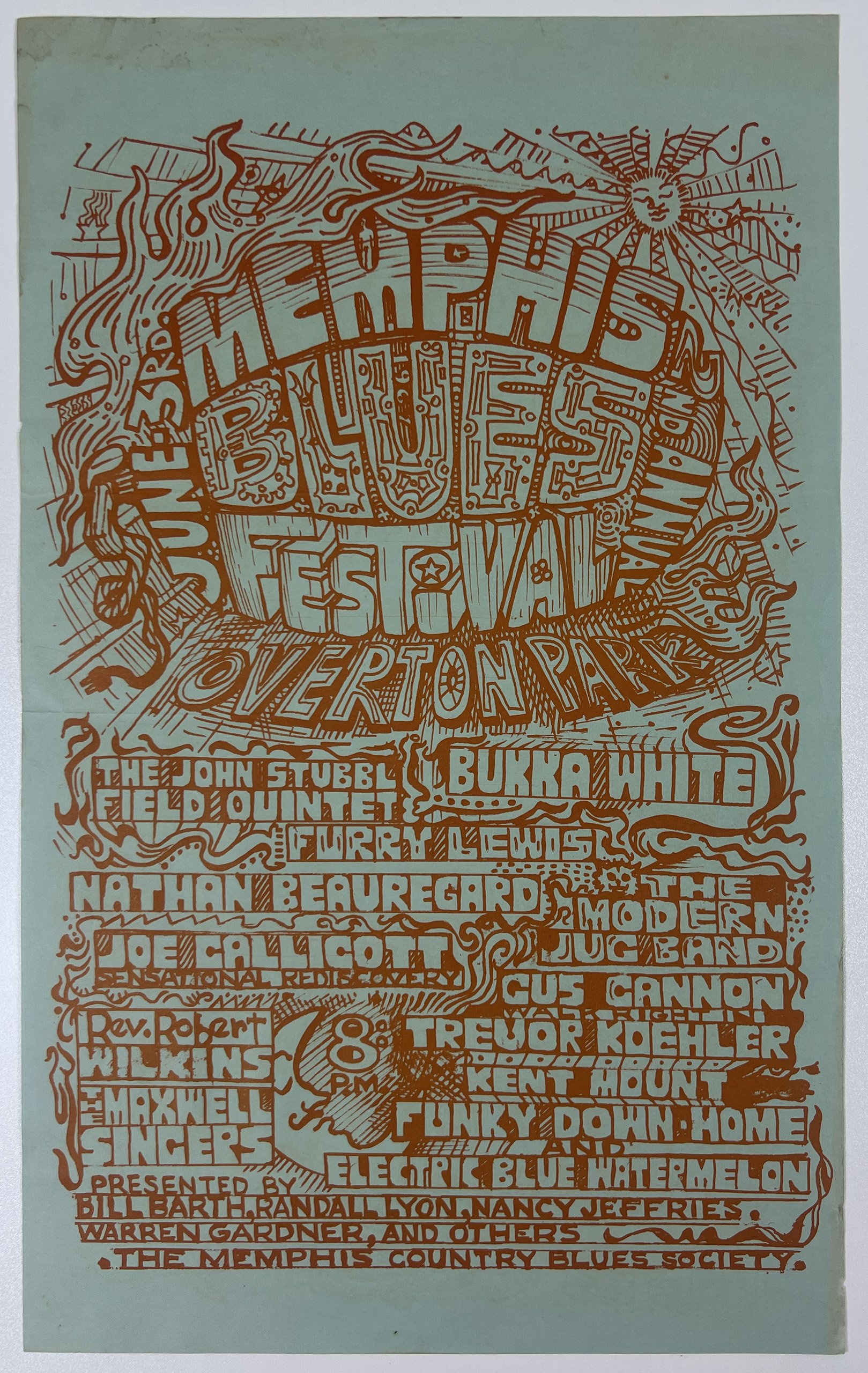 Poster with a stylized circular design containing names of blues artists and bands, including John Stubbs, Bukka White, Fletcher Henderson, Nathan Beauregard, Joe Callico, Gus Cannon, Reverend Robert Wilkins, and others. The poster is presented by Bill Barth, Randall Lyon, Nancy Jefferies, Warren Gardner, and others from the Memphis Country Blues Society.