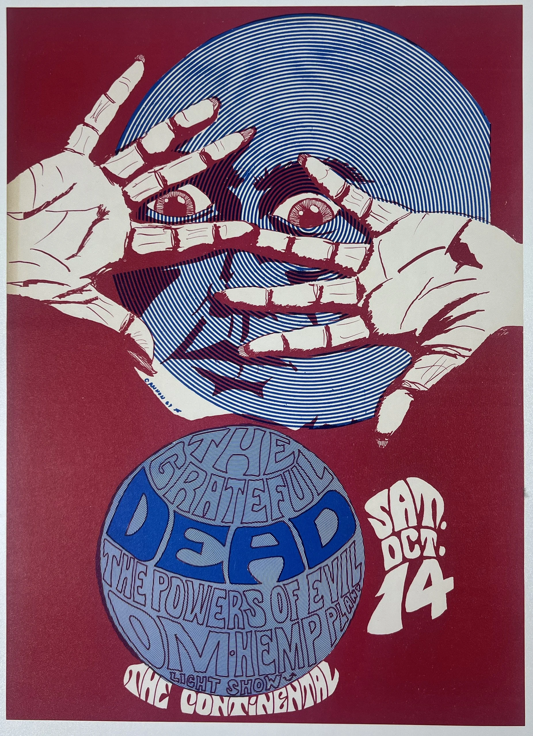 Illustration of a pair of hands framing an eye, with a stylized globe featuring words like 'DEAD', 'GENUINE', and 'GUARANTEE'. The artwork is titled 'Samp. Dct. 14' and has a red background.