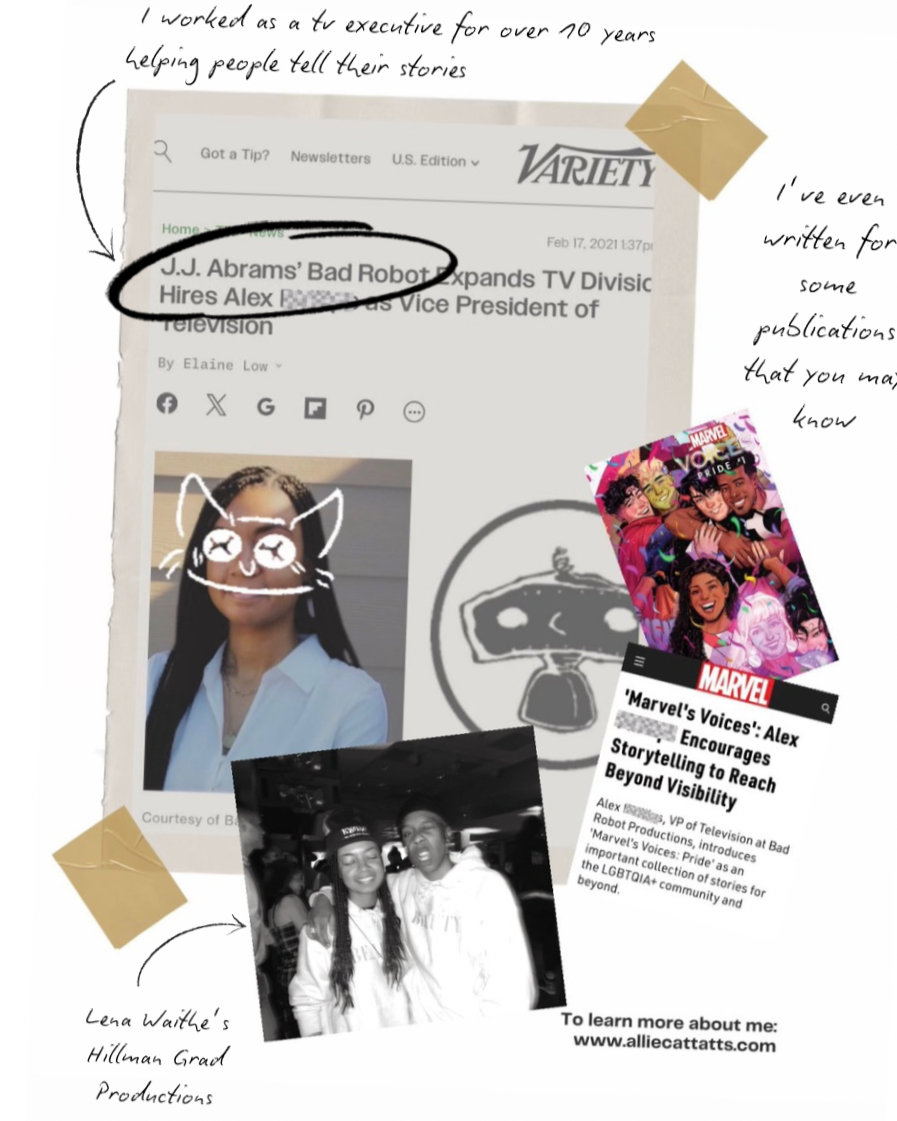 A collage featuring a screenshot of a news article titled 'J.J. Abrams' Bad Robot Expands TV Division, Hires Alex as Vice President of Television', a photograph of a woman with long dark hair and glasses, a black and white photo of two people smiling at an event, a Marvel comic book cover titled 'Marvel's Voices: Alex', handwritten notes about storytelling and publications, and illustrations of a robot face and a cat drawn over the images, with gold tape accents.