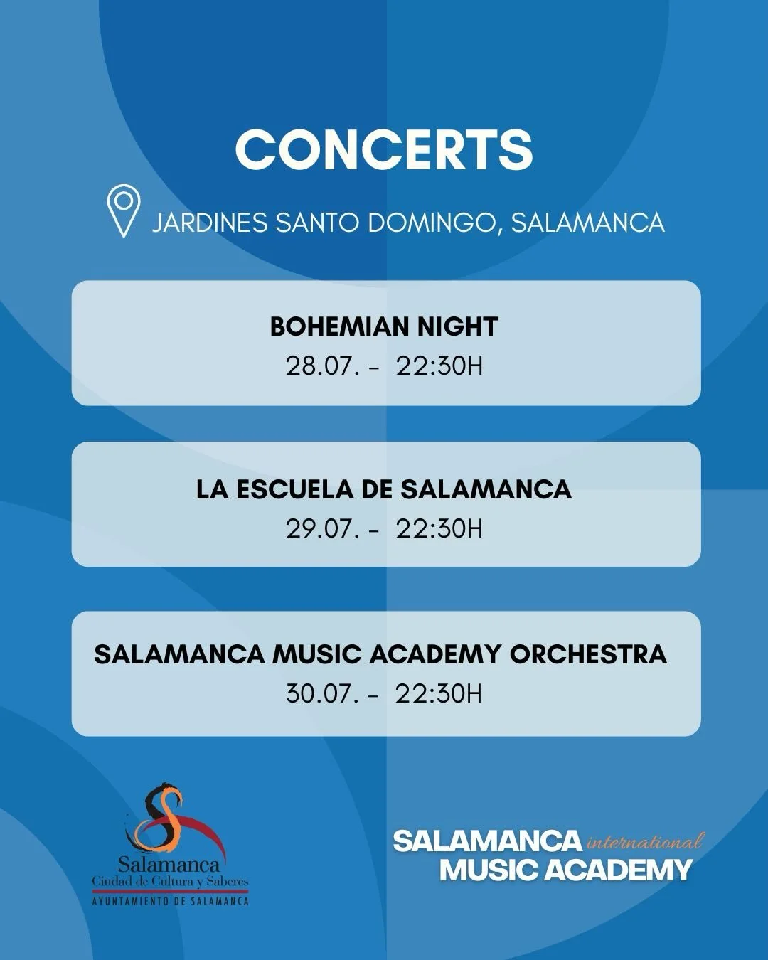 🌟 Exciting news!

We are delighted to announce that Salamanca Music Academy will be part of the Plazas y Patios concert series, organized by @salamancaciudaddecultura. Thanks for having us! 

🎻 Three concerts featuring our faculty and students.

📍